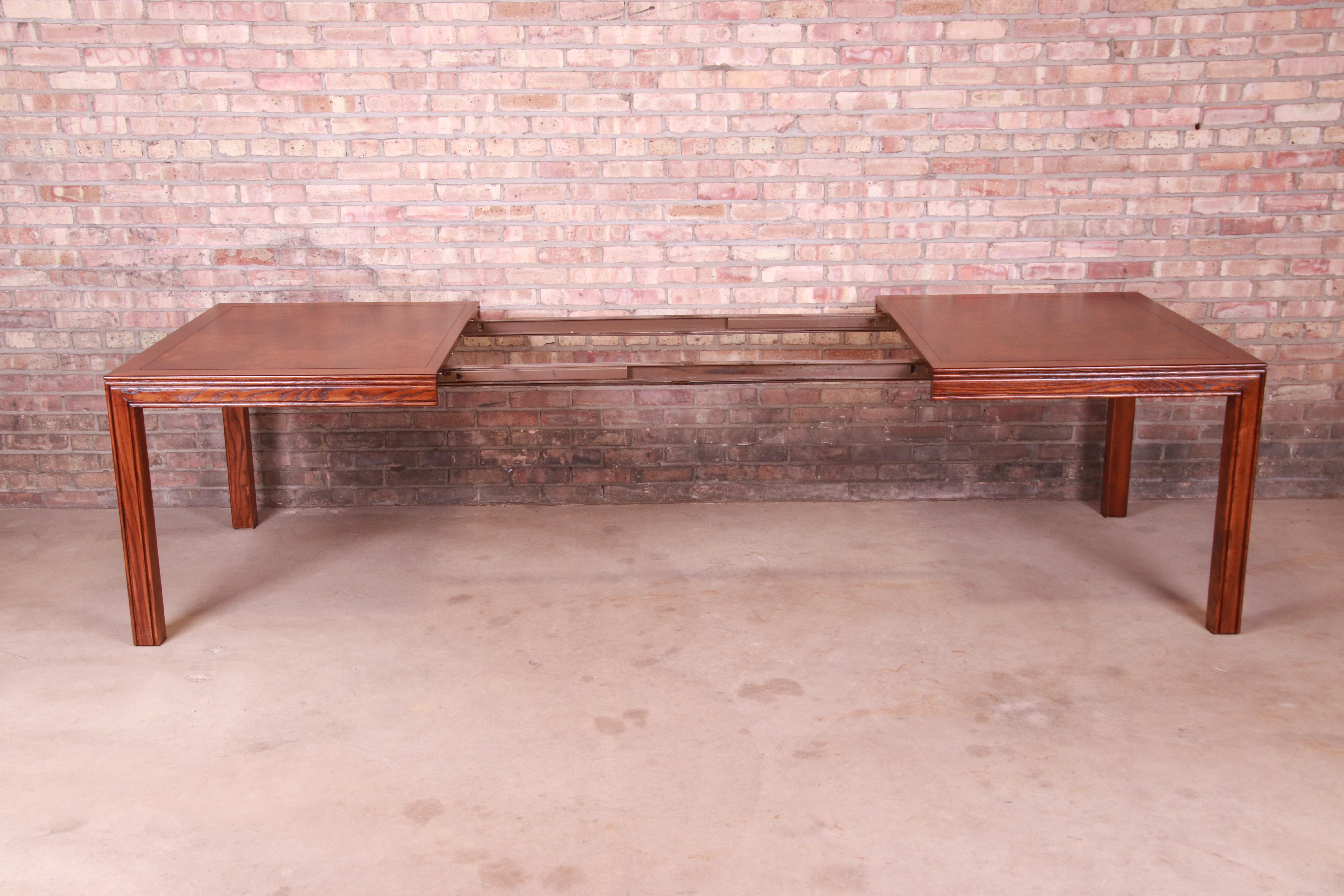 Henredon Mid-Century Modern Burl Wood Parsons Dining Table, Newly Refinished For Sale 4