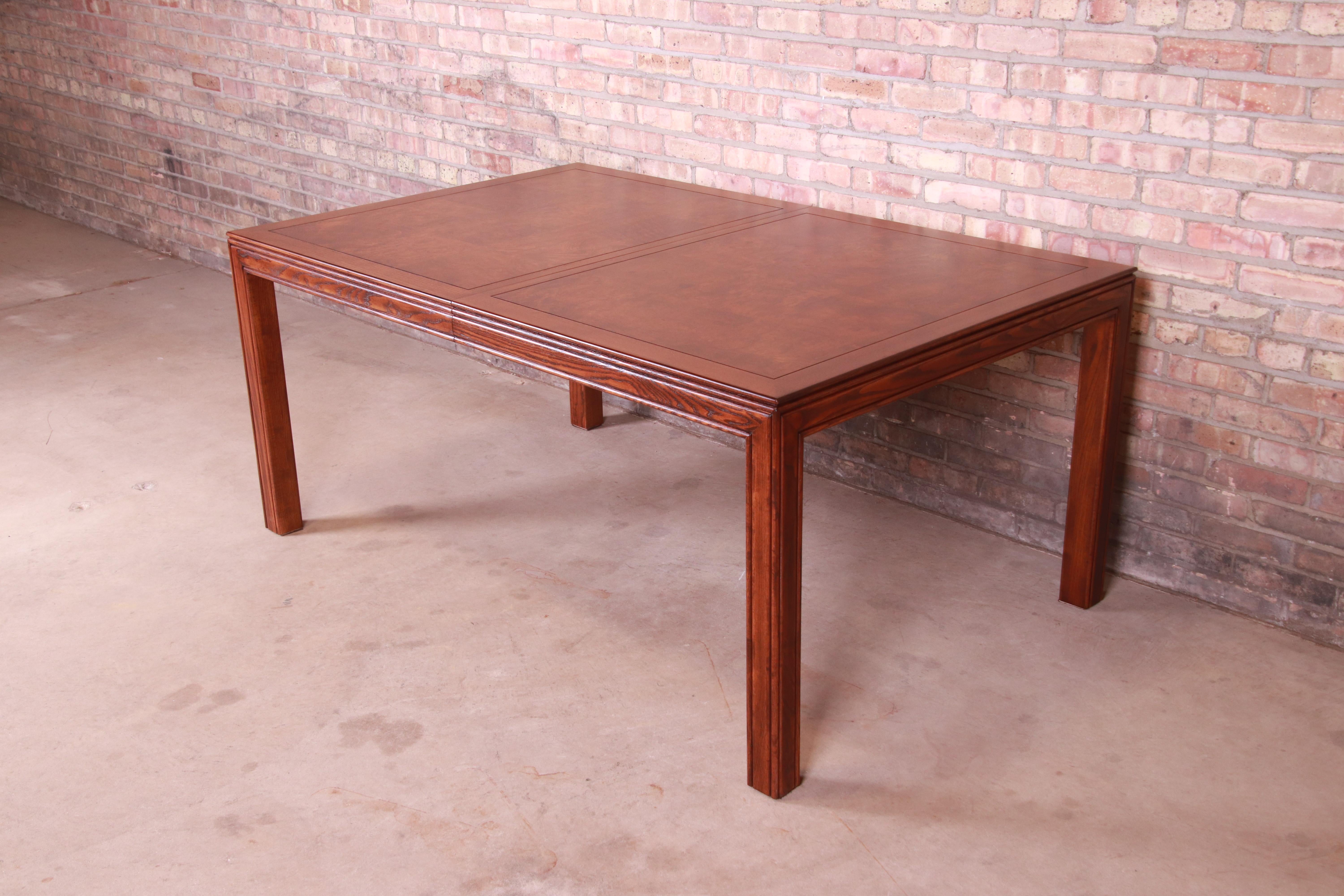 Henredon Mid-Century Modern Burl Wood Parsons Dining Table, Newly Refinished For Sale 5