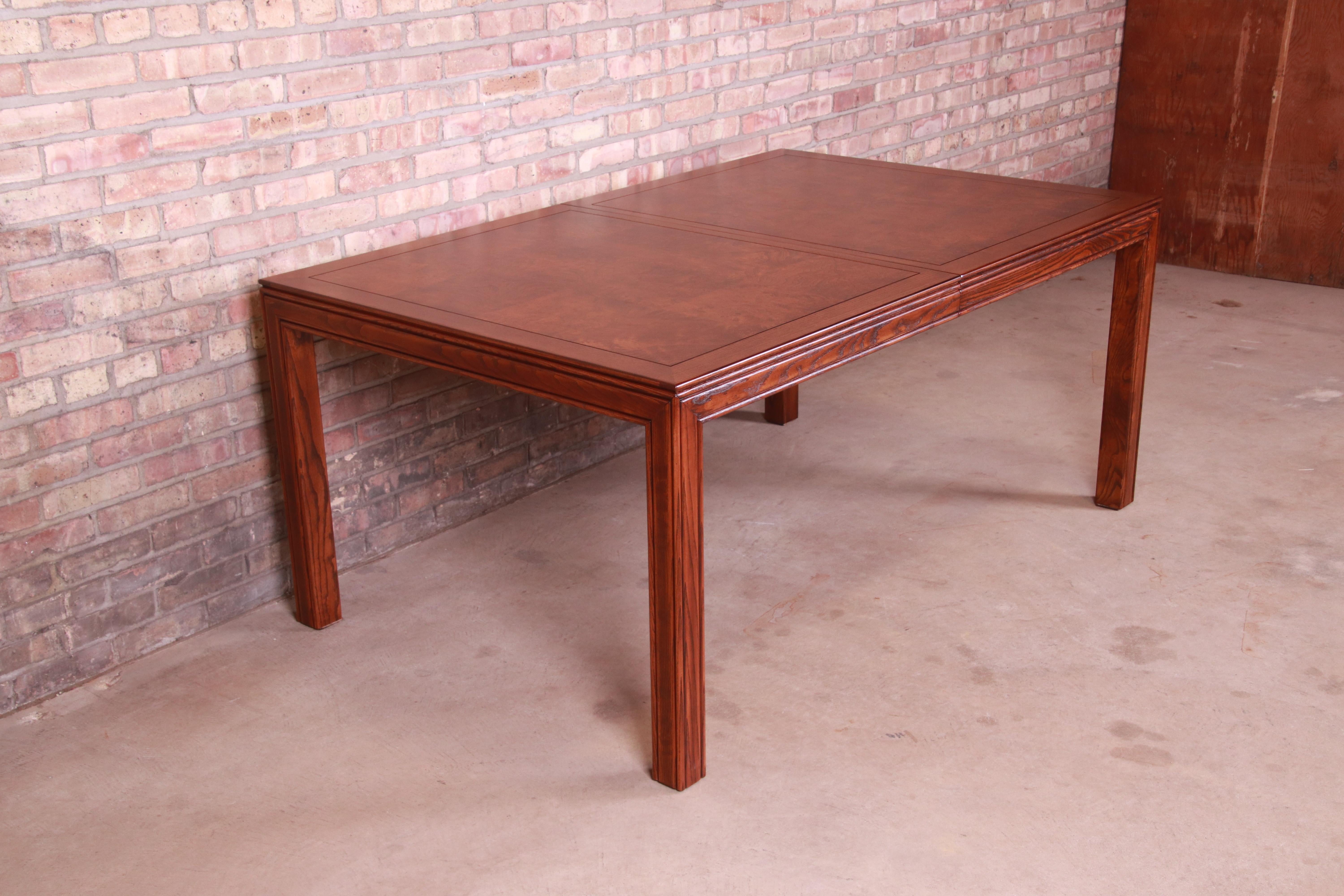 Henredon Mid-Century Modern Burl Wood Parsons Dining Table, Newly Refinished For Sale 7