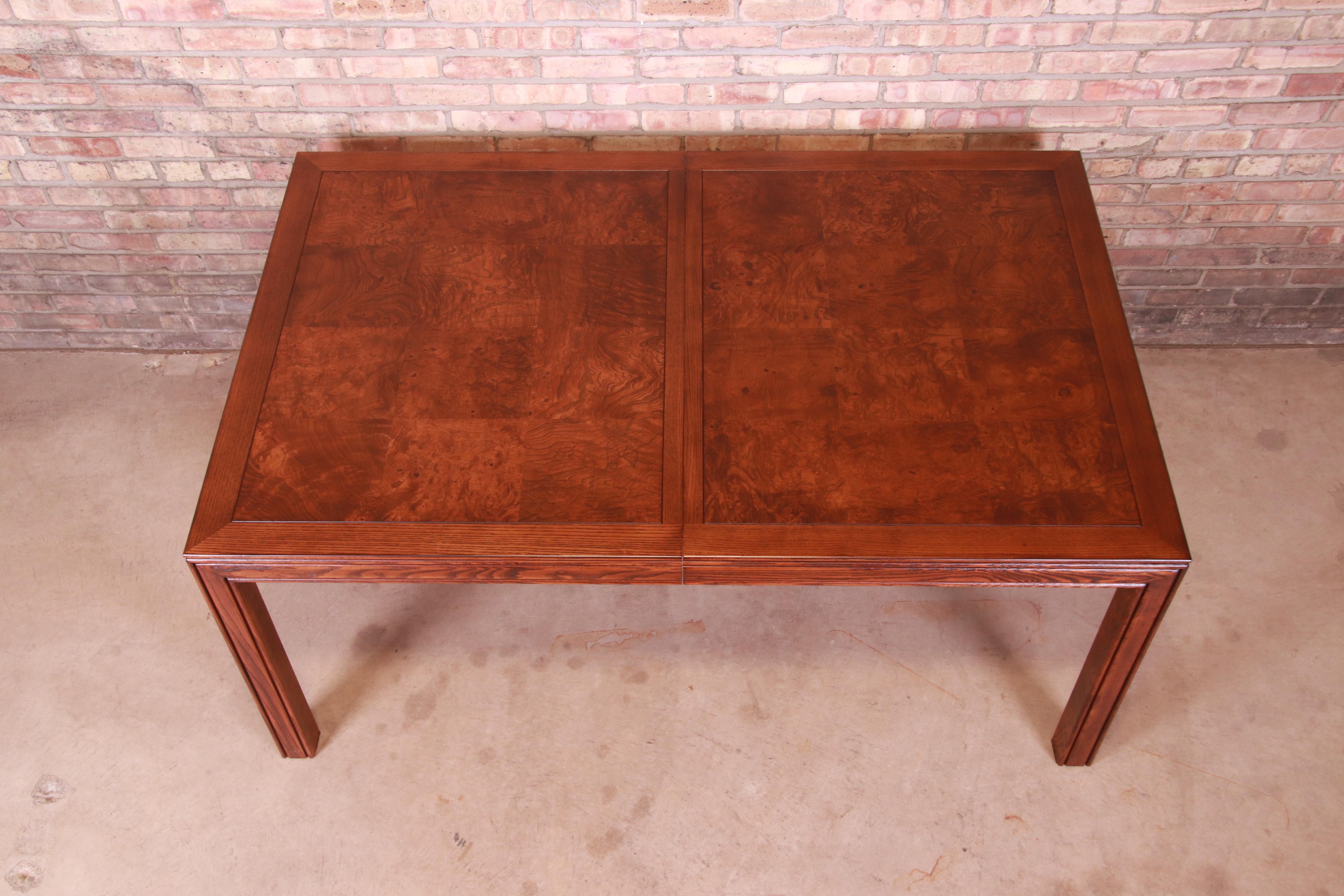 Henredon Mid-Century Modern Burl Wood Parsons Dining Table, Newly Refinished For Sale 8