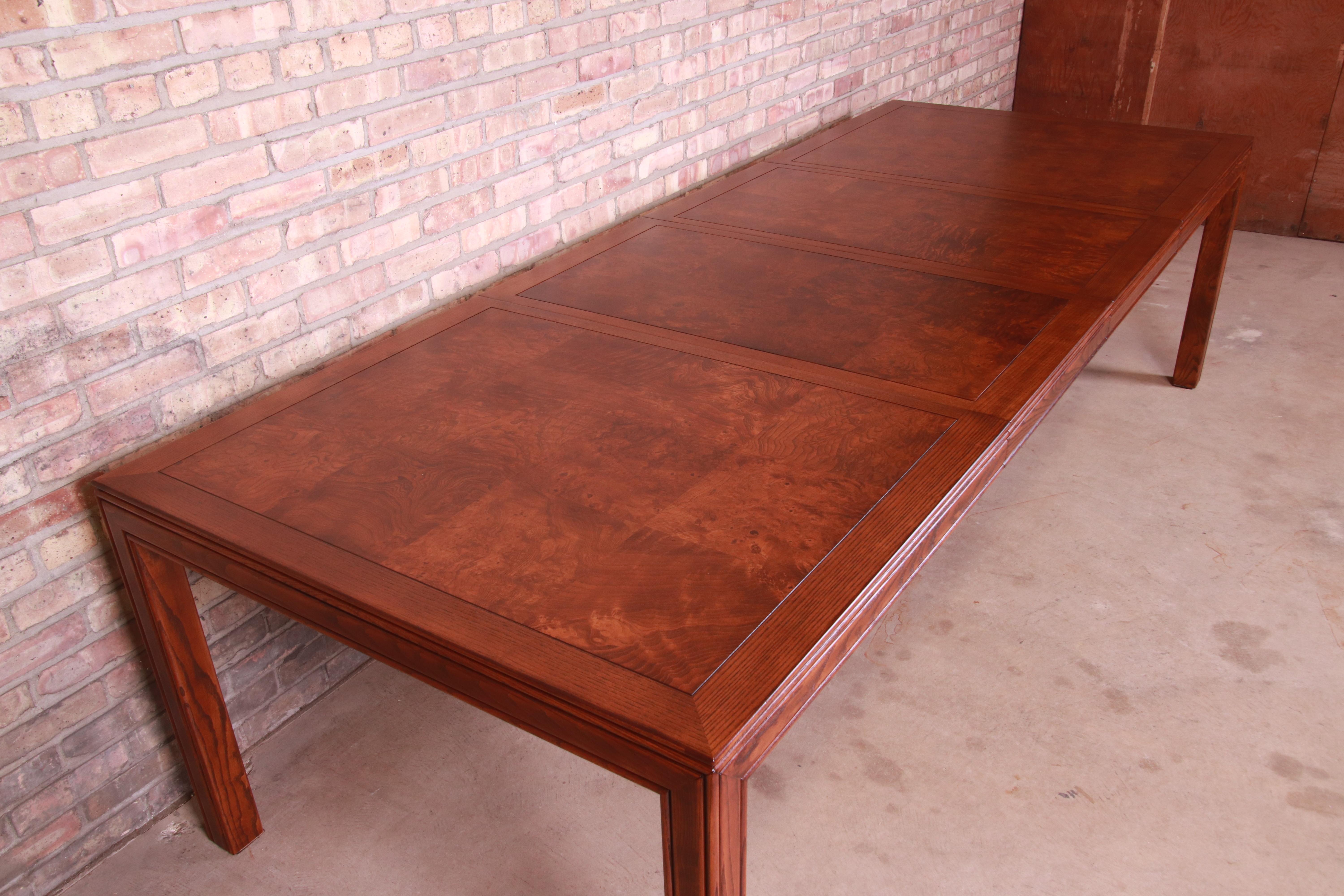 Henredon Mid-Century Modern Burl Wood Parsons Dining Table, Newly Refinished For Sale 2