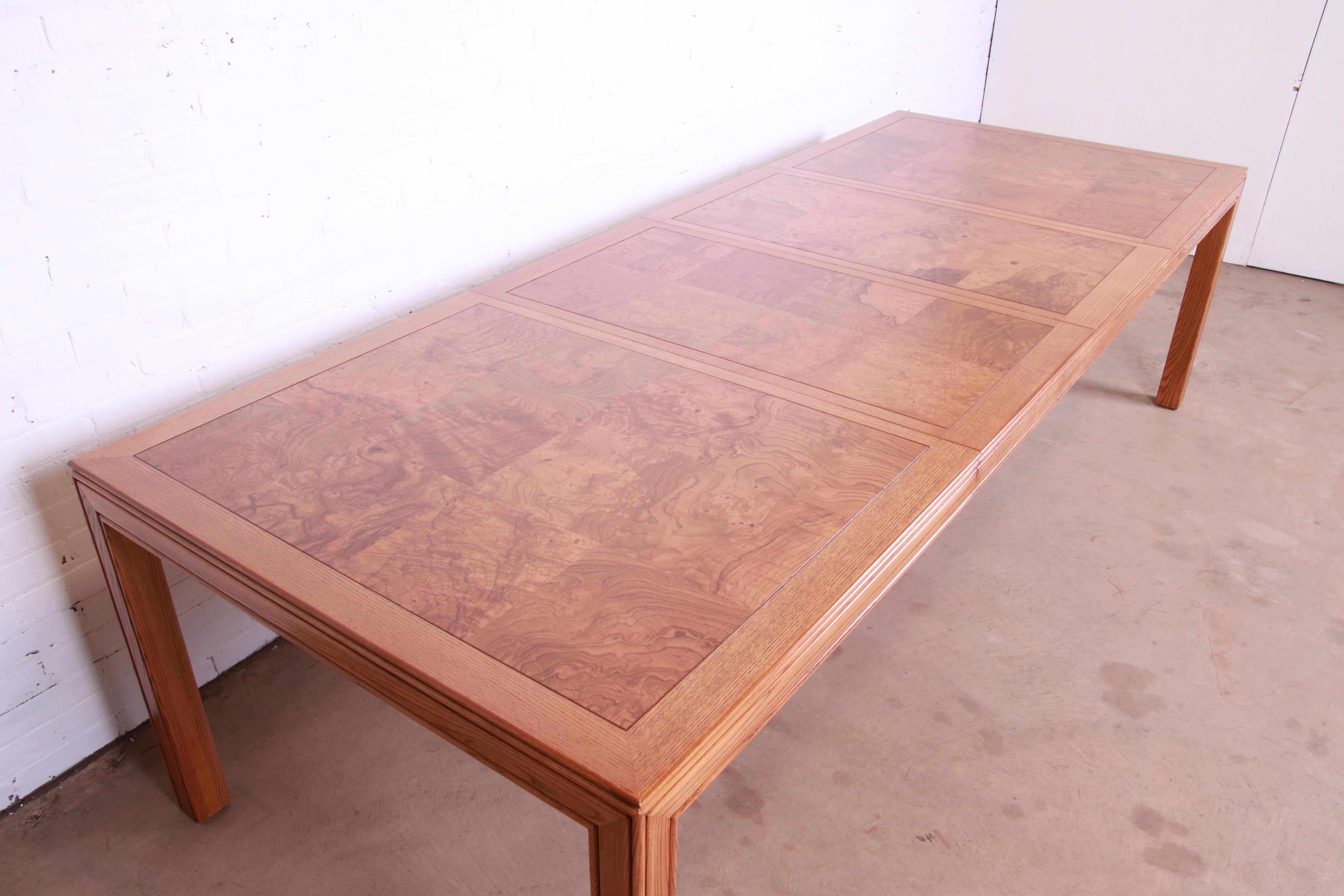 Late 20th Century Henredon Mid-Century Modern Burl Wood Parsons Dining Table, Newly Refinished