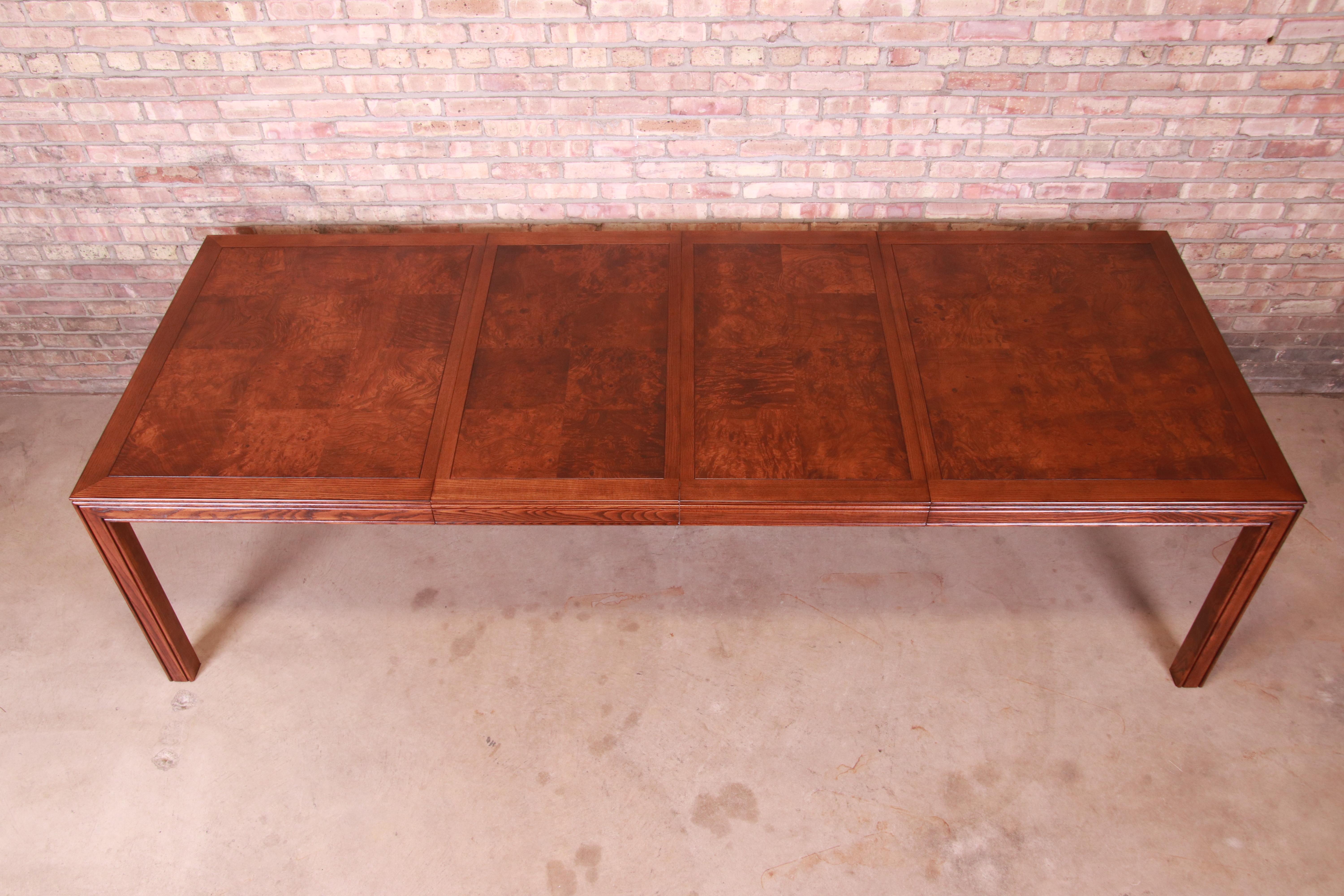 Henredon Mid-Century Modern Burl Wood Parsons Dining Table, Newly Refinished For Sale 3