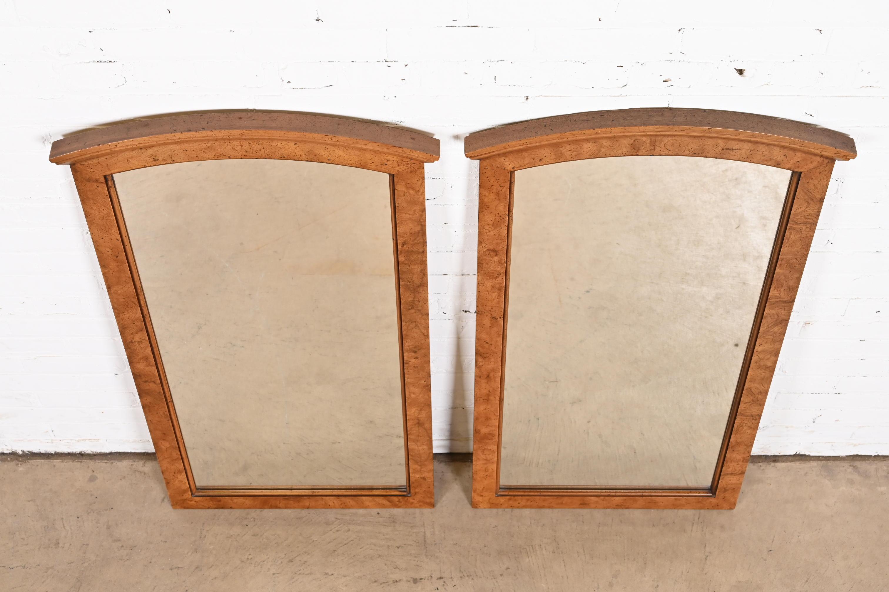 American Henredon Mid-Century Modern Burl Wood Tall Arched Wall Mirrors, Pair
