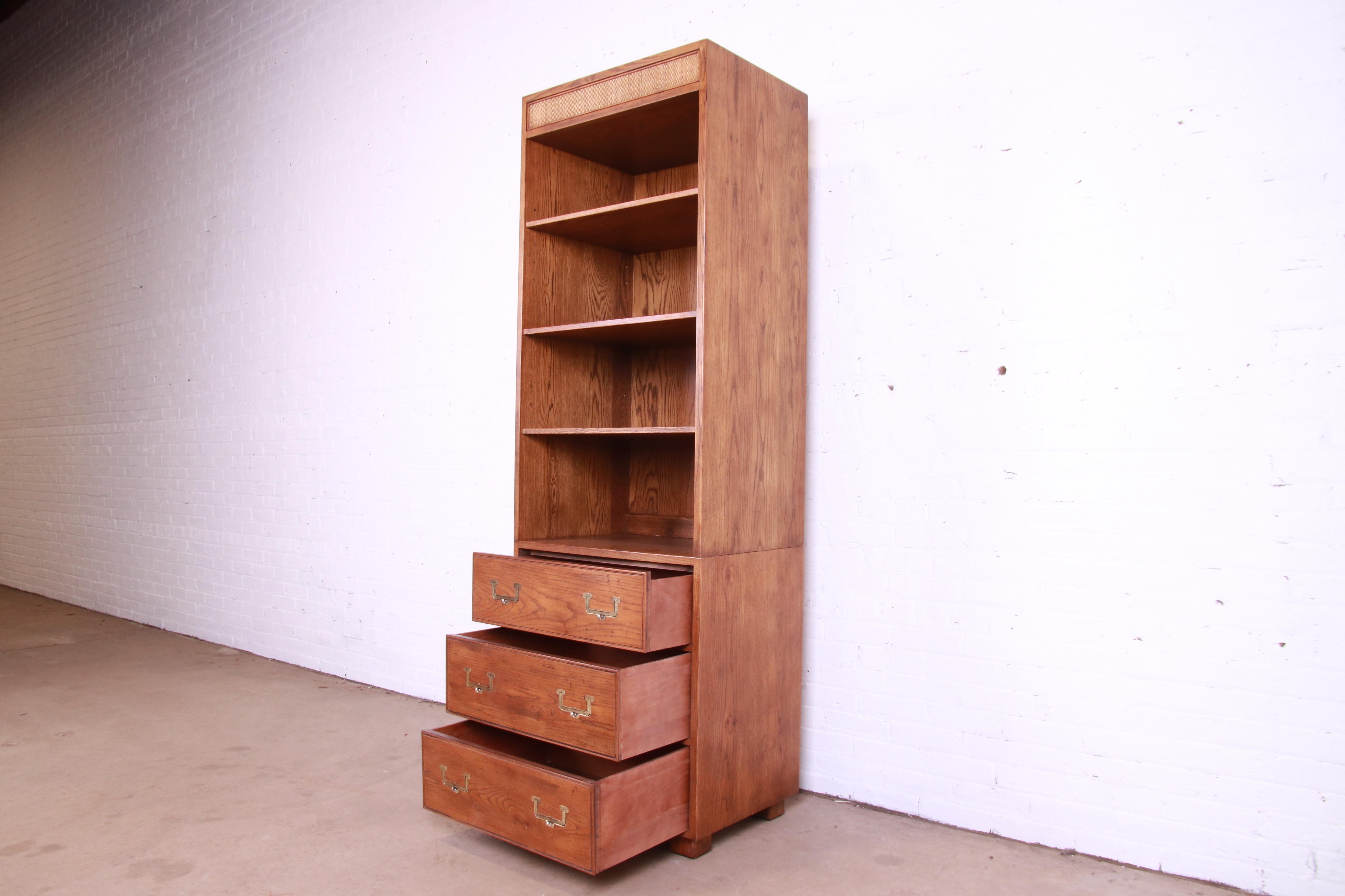 Henredon Mid-Century Modern Campaign Oak and Cane Bookcase on Chest In Good Condition In South Bend, IN