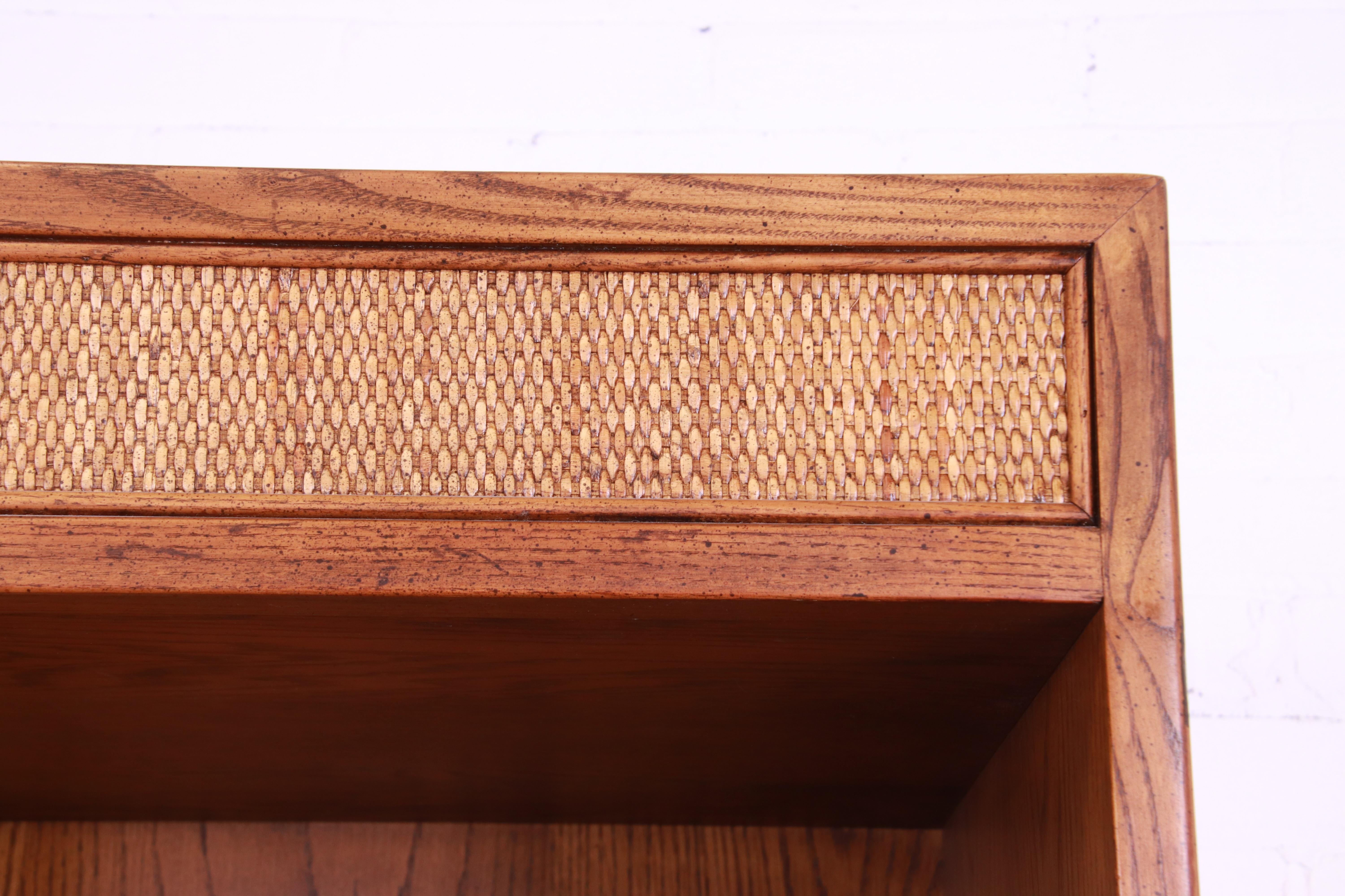 Henredon Mid-Century Modern Campaign Oak and Cane Bookcase on Chest 3