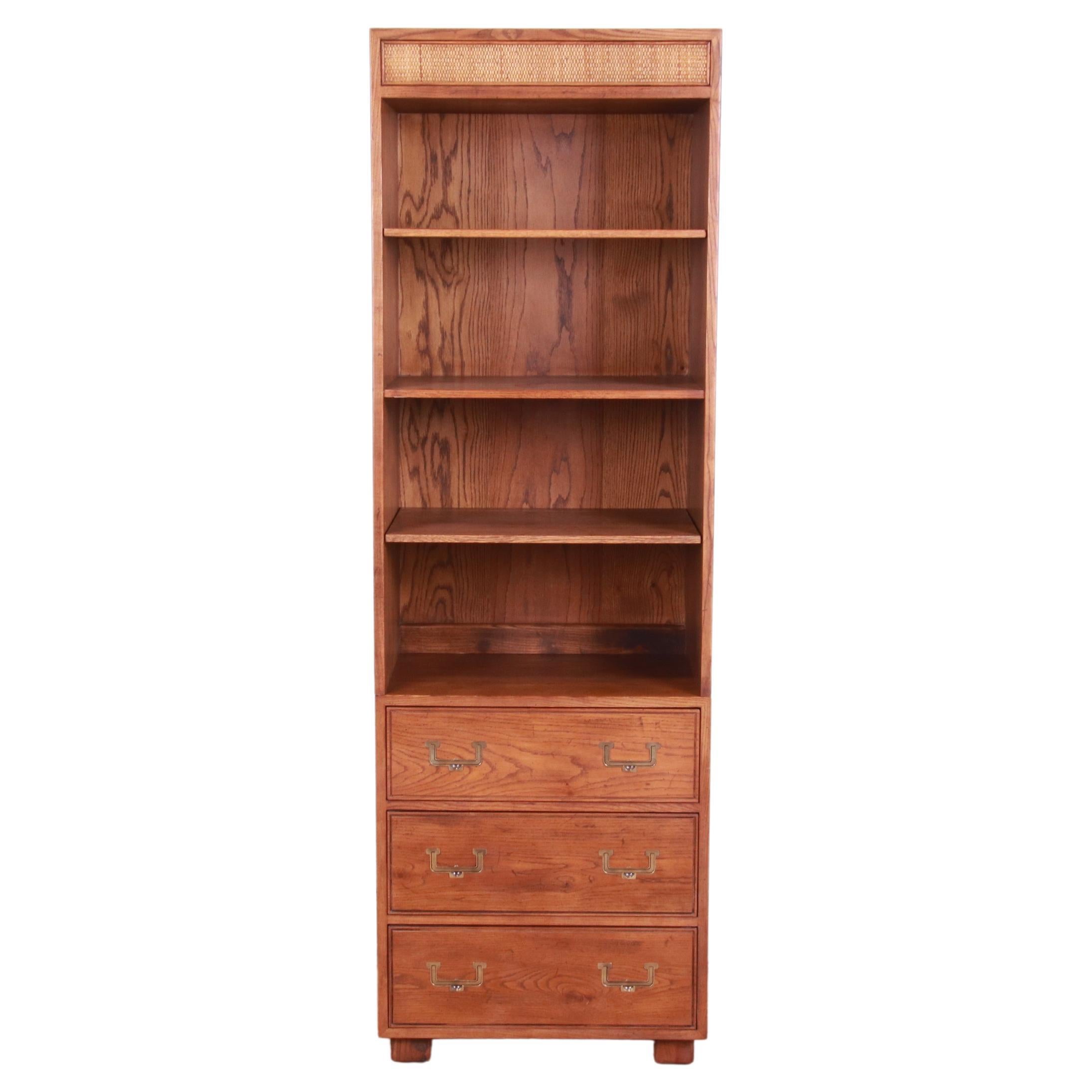 Henredon Mid-Century Modern Campaign Oak and Cane Bookcase on Chest