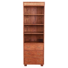 Henredon Mid-Century Modern Campaign Oak and Cane Bookcase on Chest