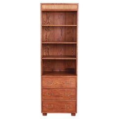 Vintage Henredon Mid-Century Modern Campaign Oak and Cane Bookcase on Chest