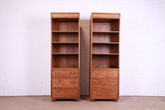 Henredon Mid-Century Modern Campaign Oak and Cane Bookcases on Chests, Pair