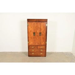 Henredon Mid-Century Modern Campaign Oak Armoire Dresser, Circa 1970s