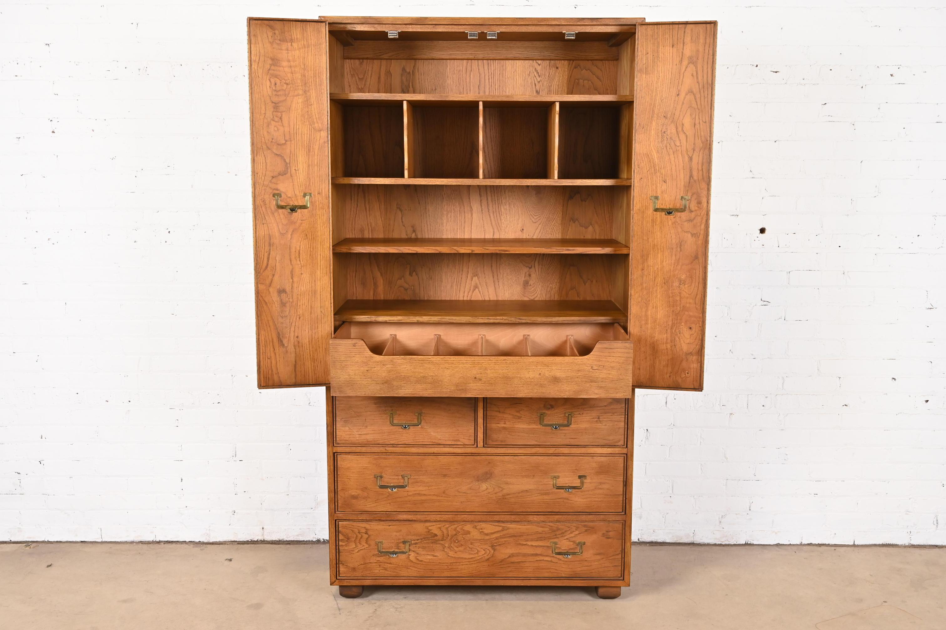 Late 20th Century Henredon Mid-Century Modern Campaign Oak Armoire Dresser, Circa 1970s