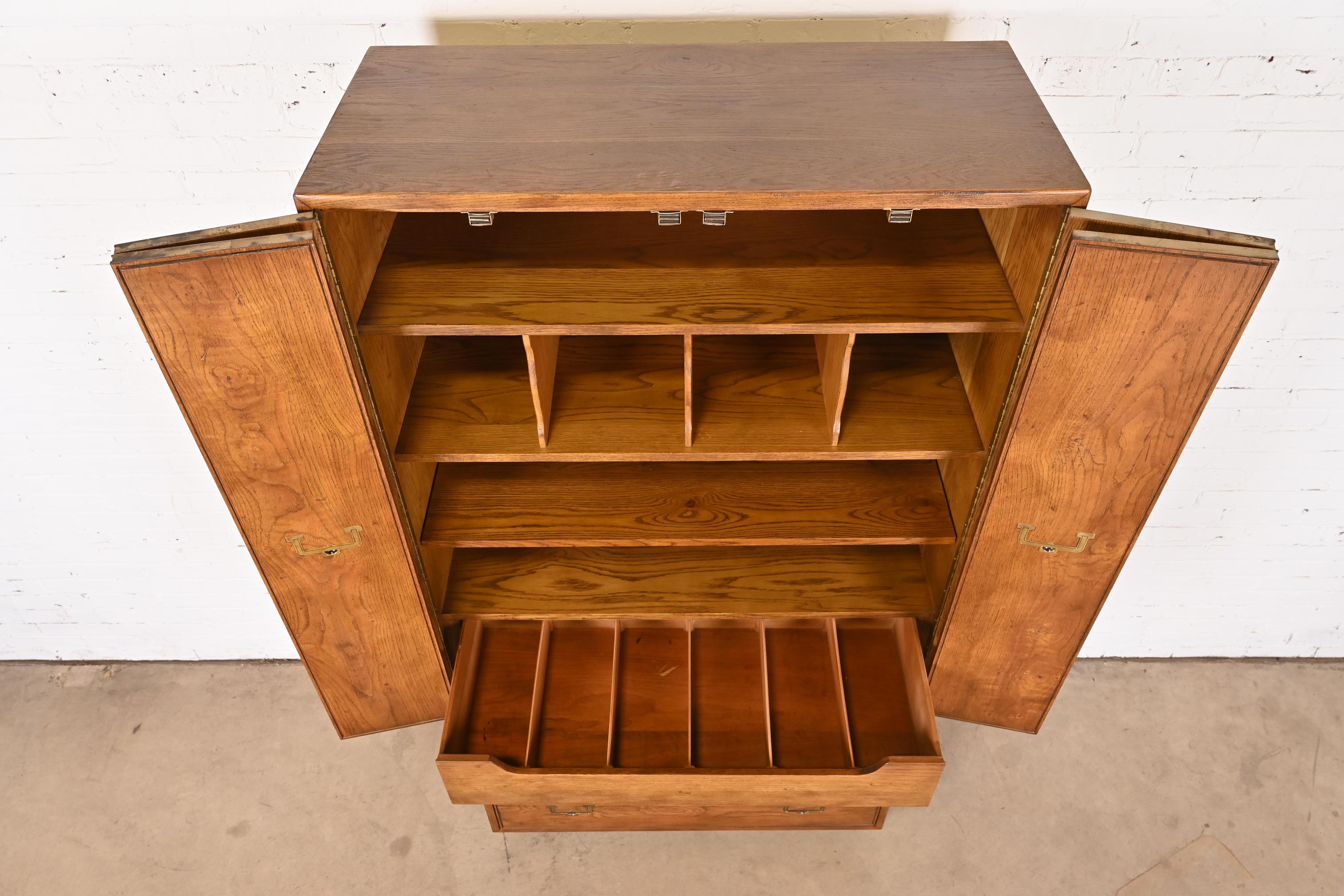 Brass Henredon Mid-Century Modern Campaign Oak Armoire Dresser, Circa 1970s