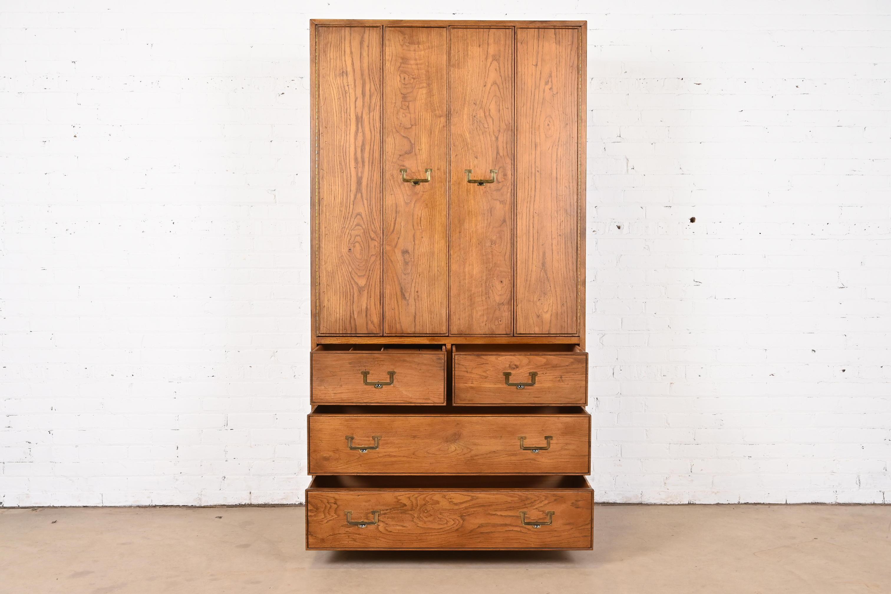 Henredon Mid-Century Modern Campaign Oak Armoire Dresser, Circa 1970s 1