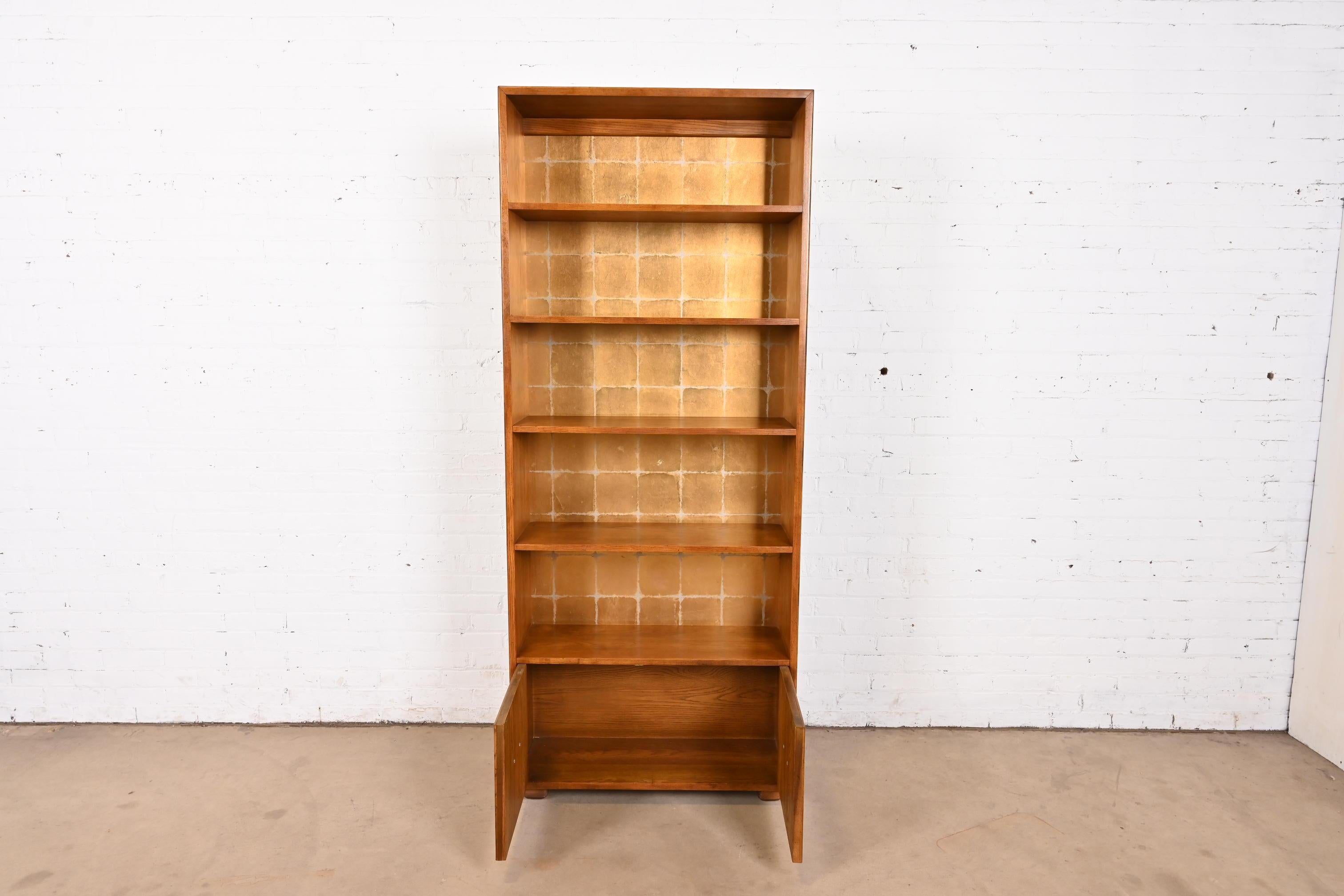Brass Henredon Mid-Century Modern Campaign Oak Bookcase Cabinet, Circa 1970s