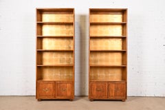 Henredon Mid-Century Modern Campaign Oak Bookcase Cabinets, Pair