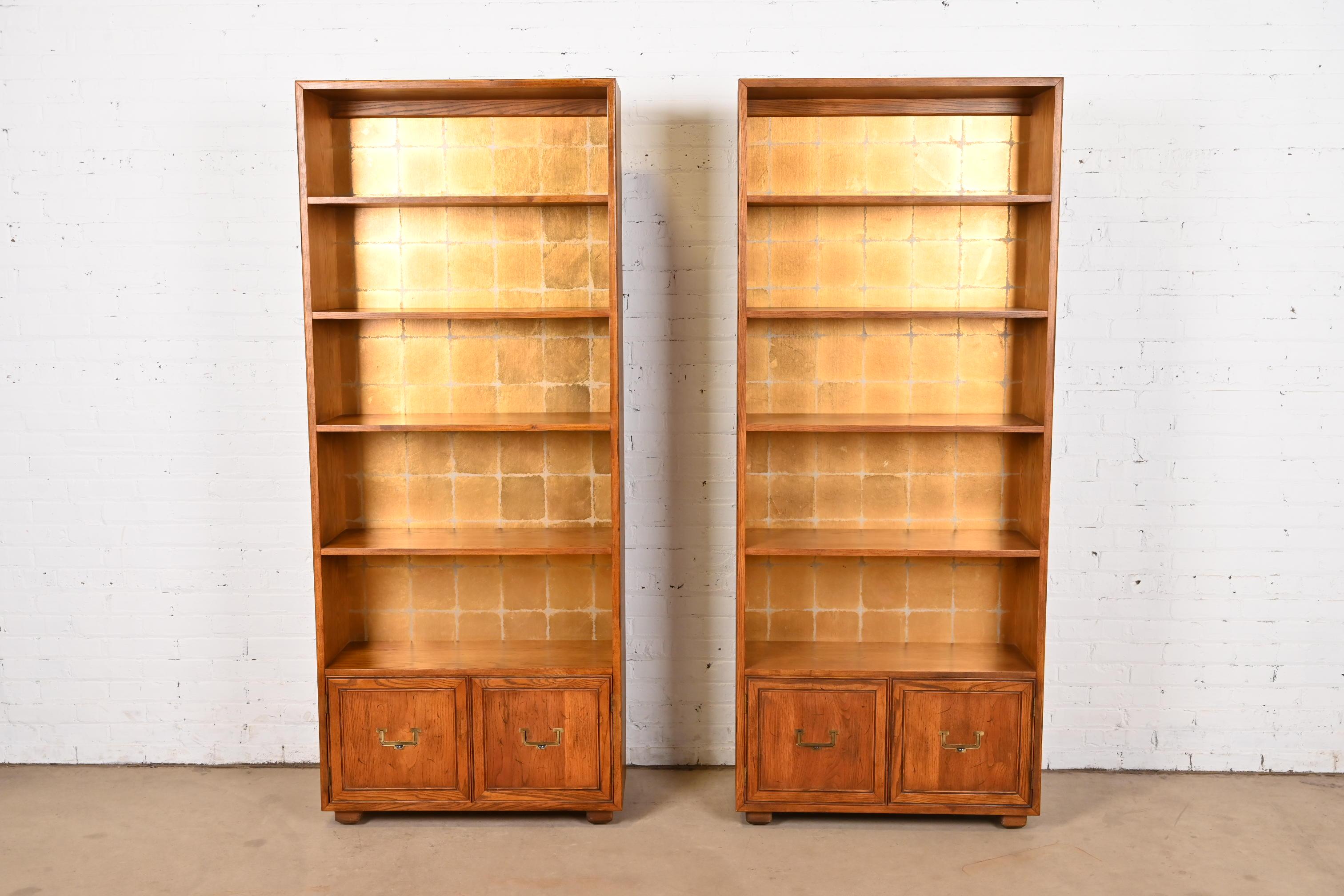 American Henredon Mid-Century Modern Campaign Oak Bookcase Cabinets, Pair