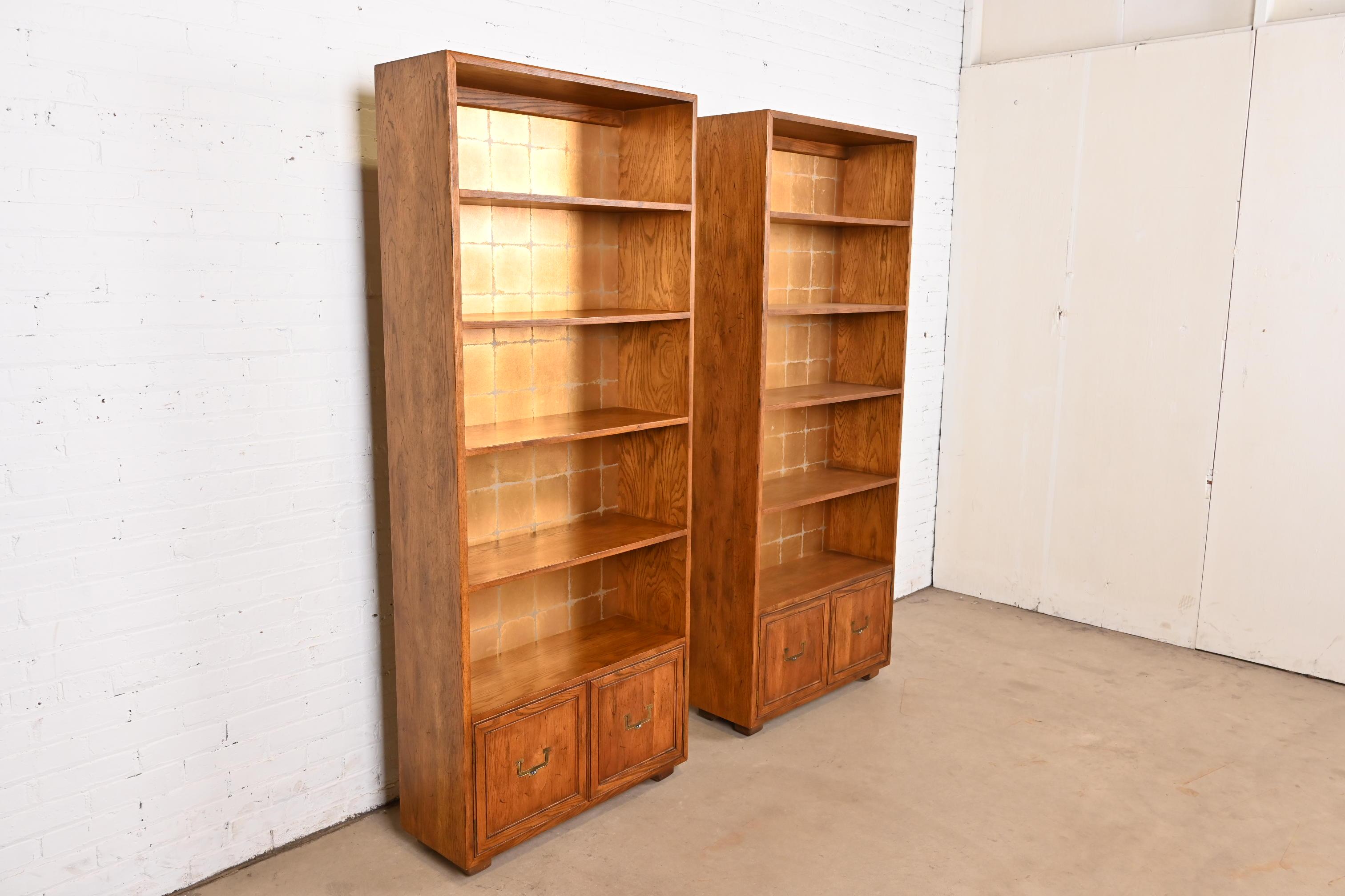 Late 20th Century Henredon Mid-Century Modern Campaign Oak Bookcase Cabinets, Pair