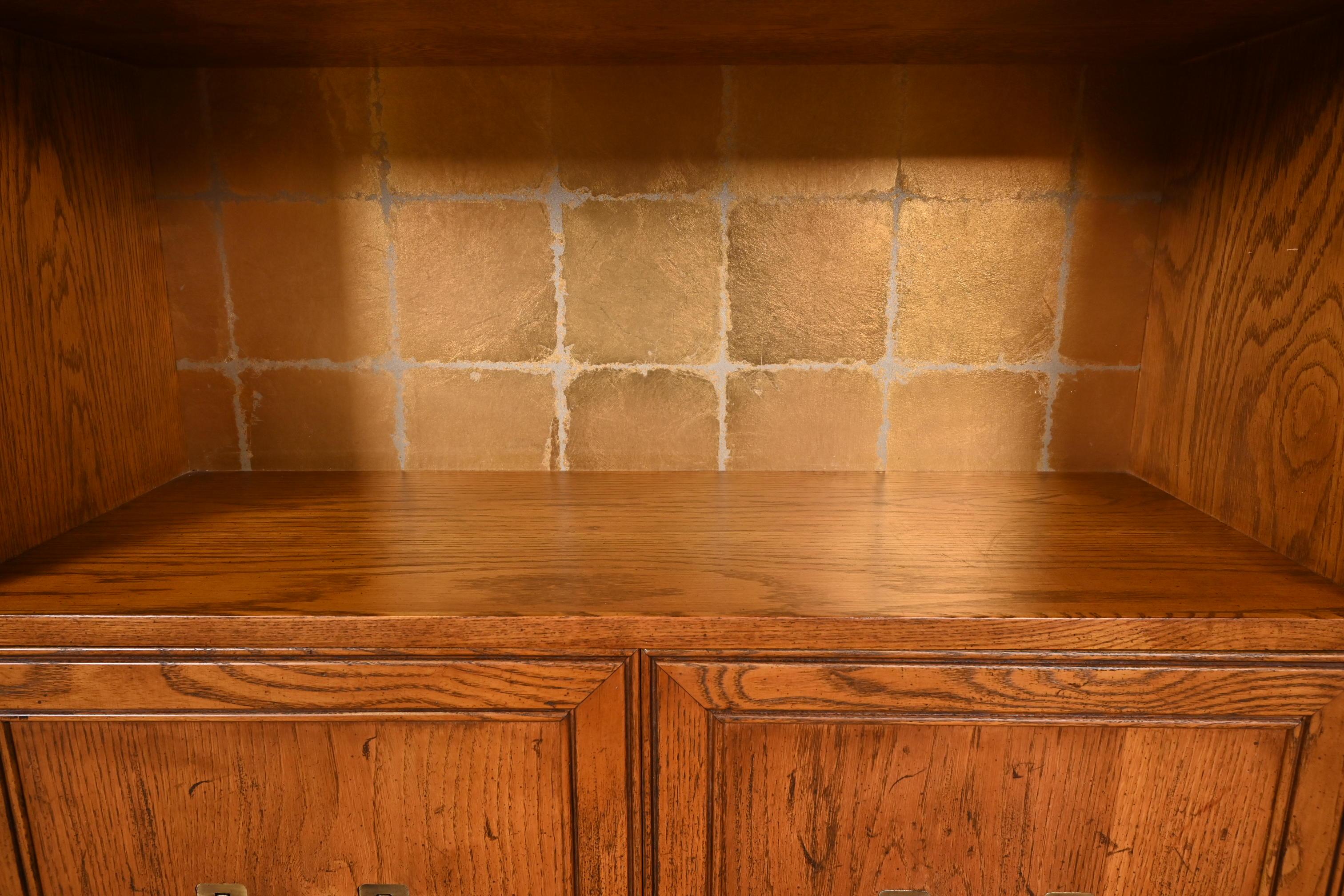 Brass Henredon Mid-Century Modern Campaign Oak Bookcase Cabinets, Pair