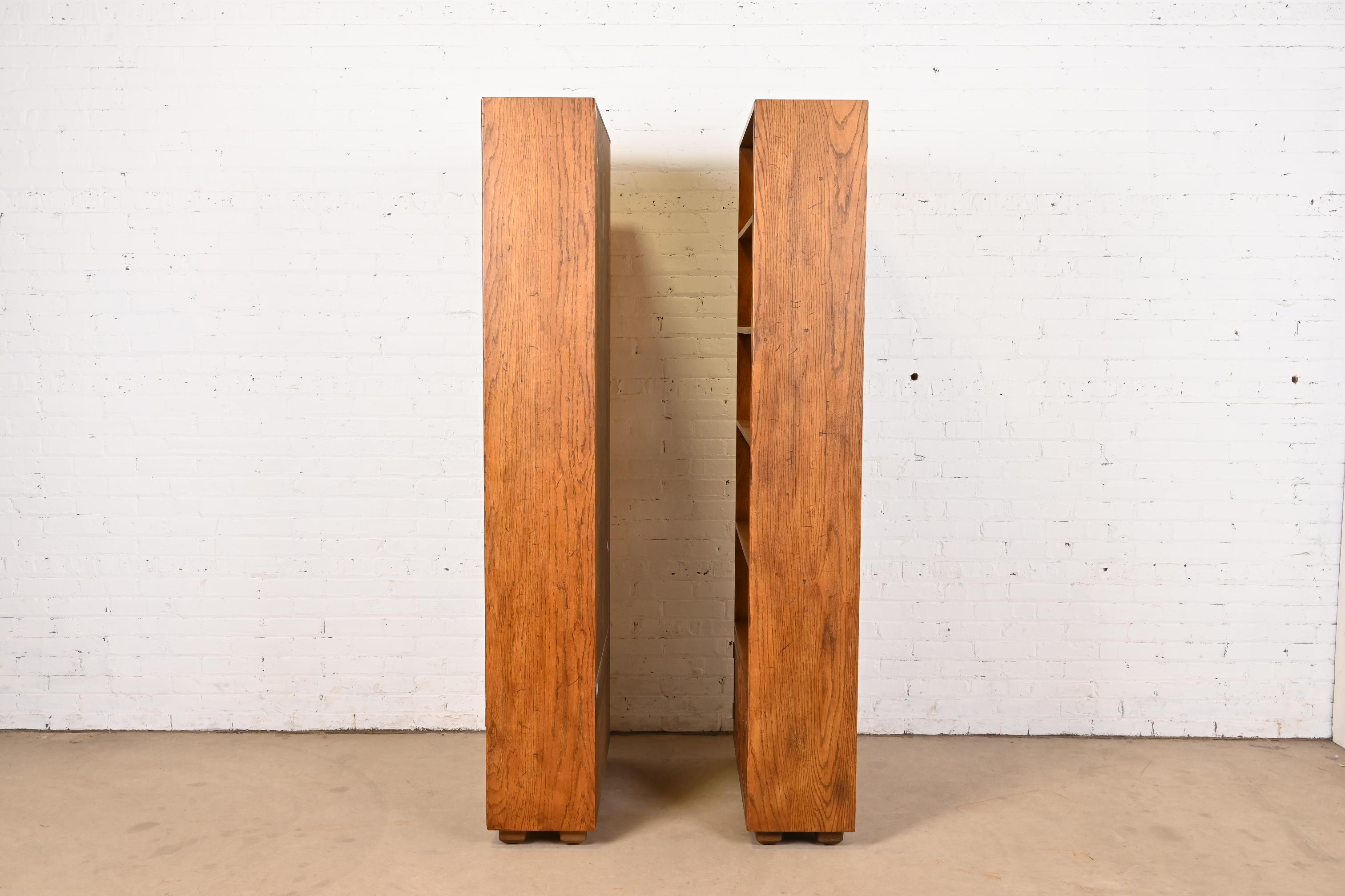 Henredon Mid-Century Modern Campaign Oak Bookcase Cabinets, Pair 3