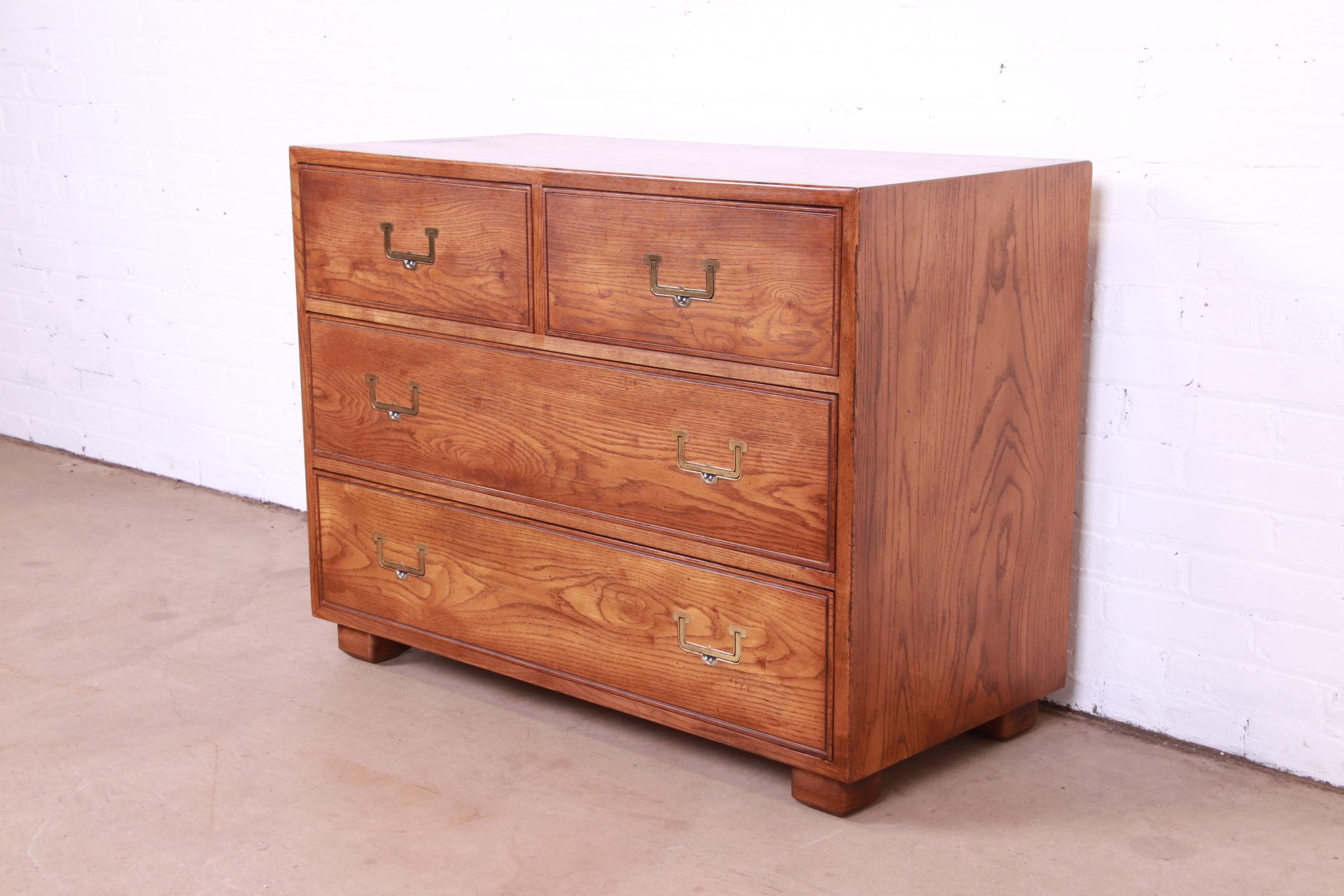 American Henredon Mid-Century Modern Campaign Oak Chest of Drawers