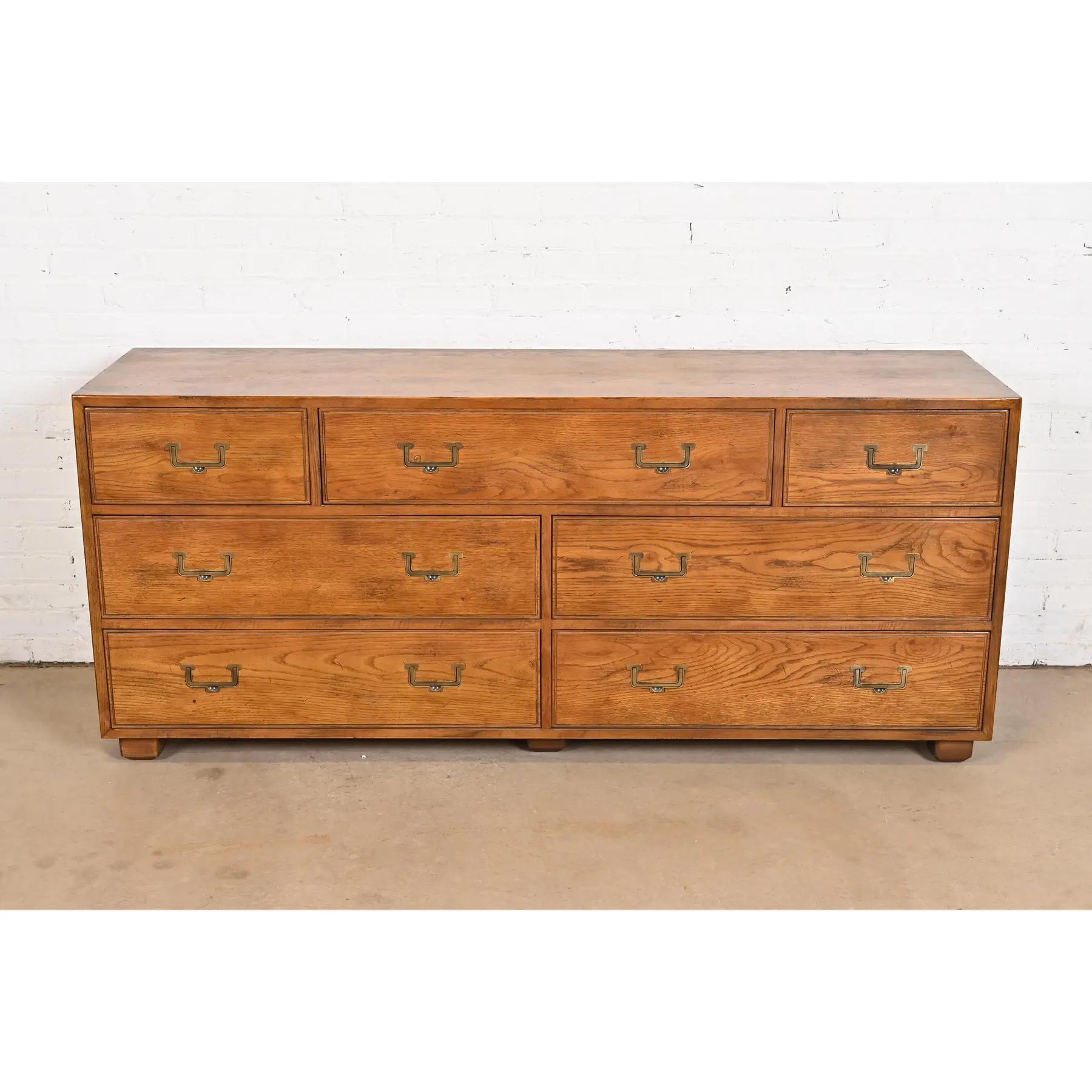 American Henredon Mid-Century Modern Campaign Oak Dresser, Circa 1970s