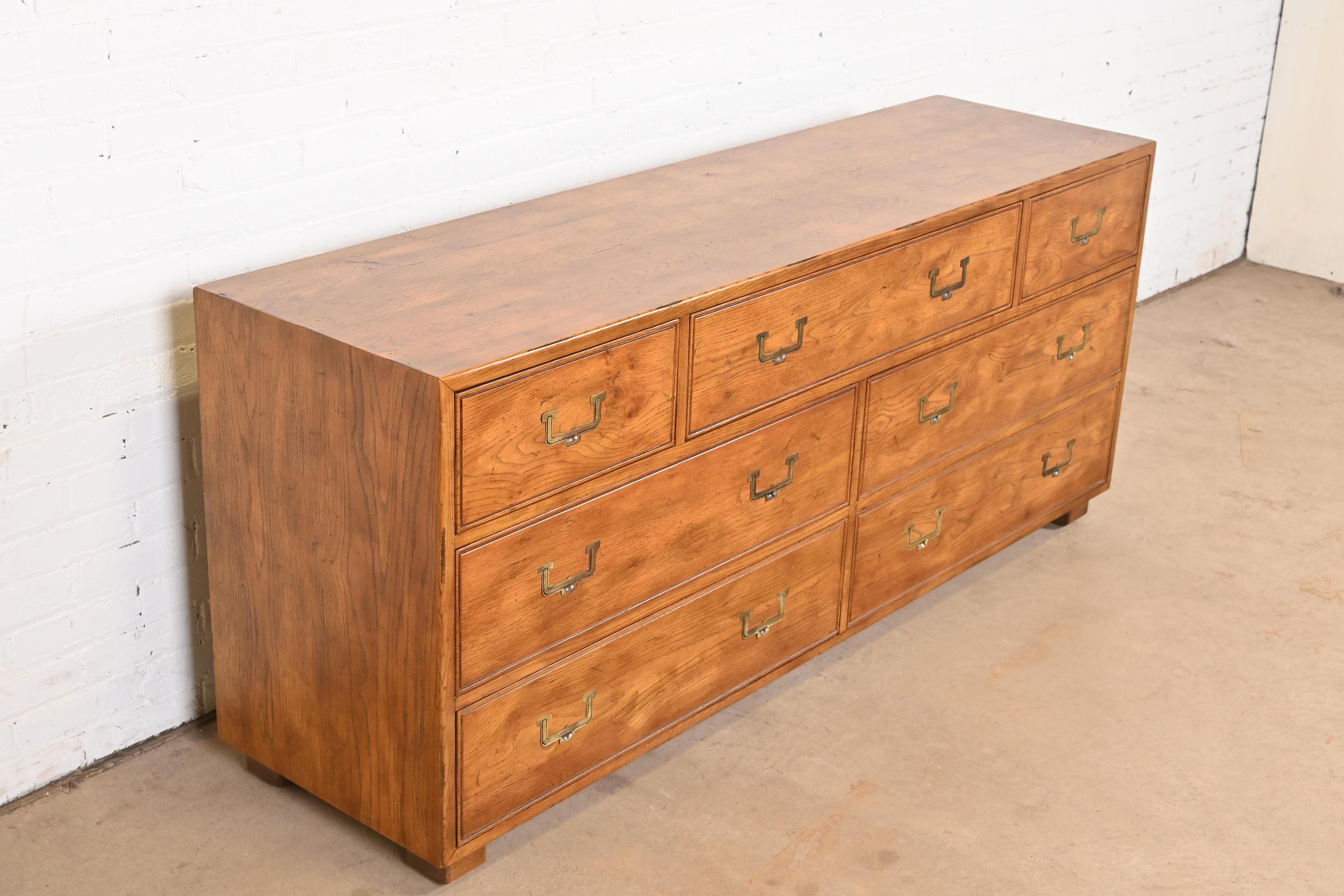 Brass Henredon Mid-Century Modern Campaign Oak Dresser, Circa 1970s