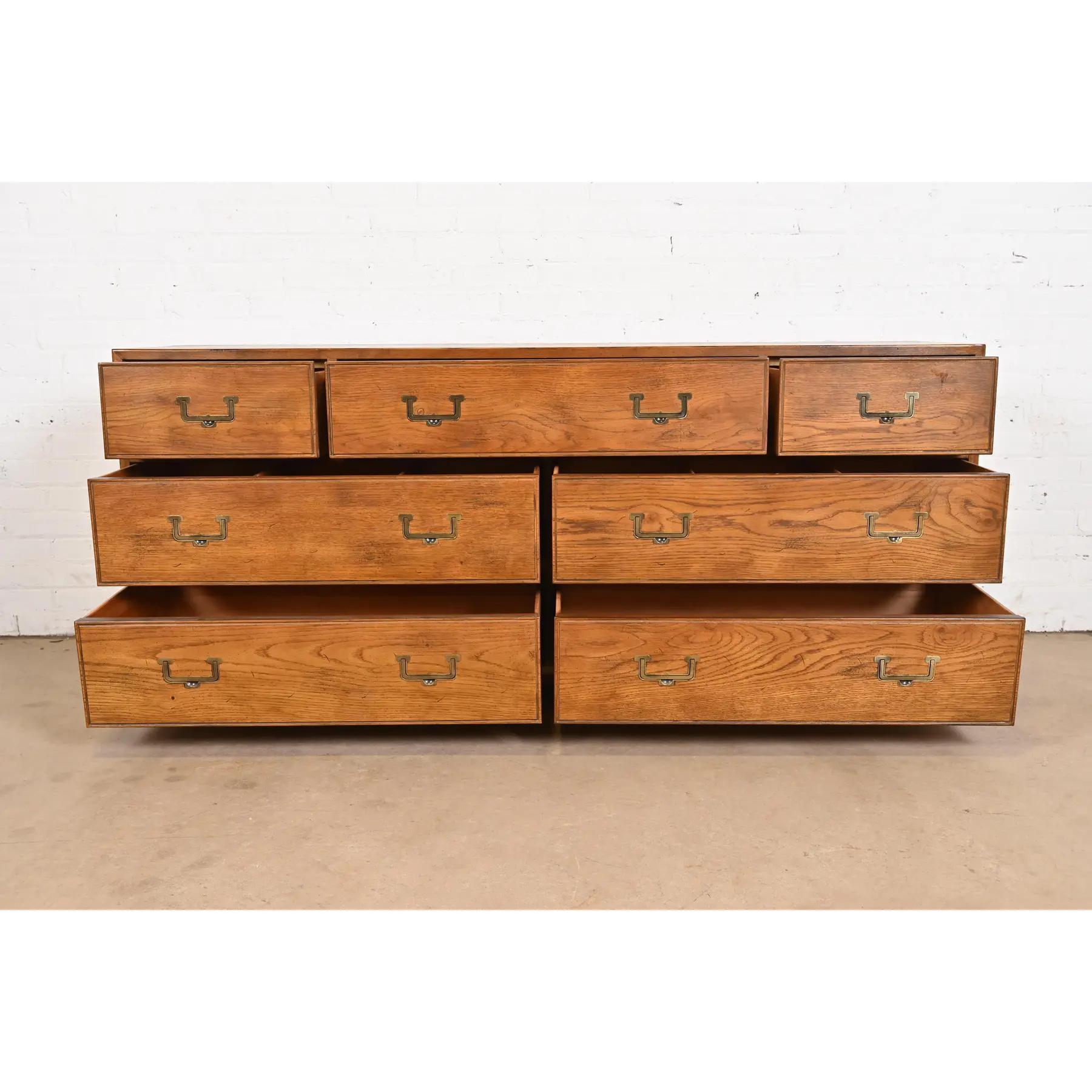 Brass Henredon Mid-Century Modern Campaign Oak Dresser, Circa 1970s