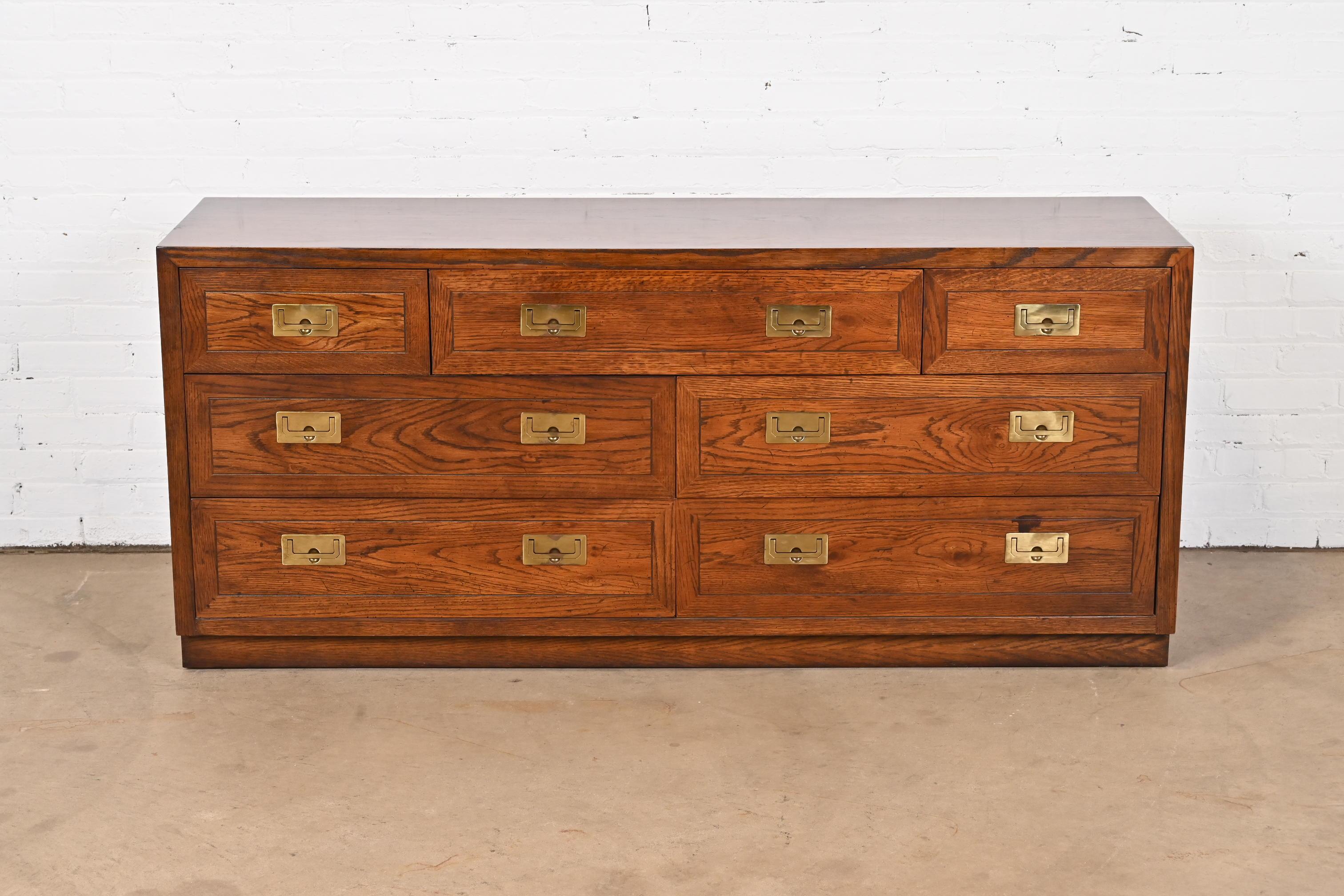 American Henredon Mid-Century Modern Campaign Oak Long Dresser