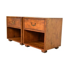 Henredon Mid-Century Modern Campaign Oak Nightstands, Pair