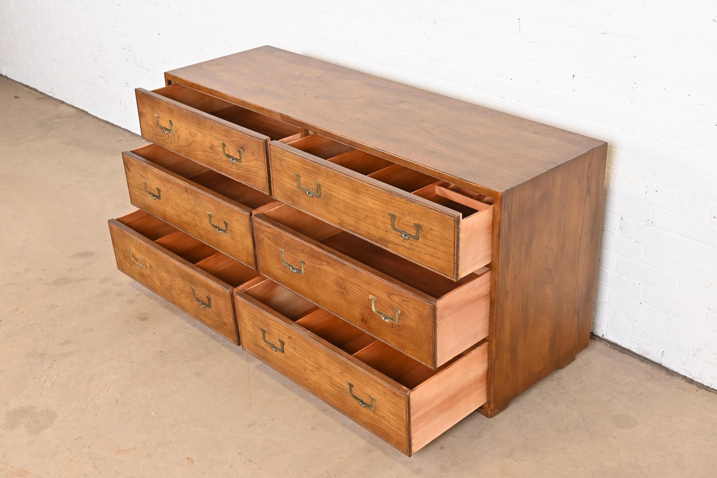 Brass Henredon Mid-Century Modern Campaign Oak Six-Drawer Dresser, circa 1970s