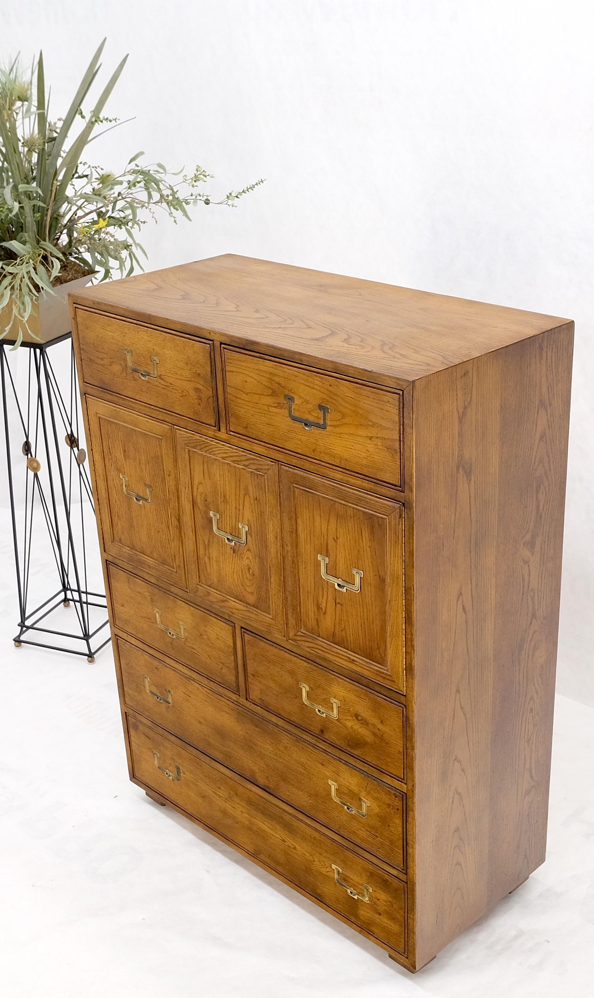 American Henredon Mid-Century Modern Campaign Style Highboy Dresser Chest Double Door For Sale