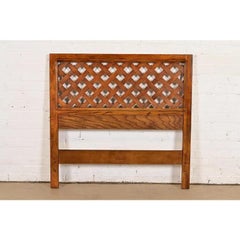 Henredon Mid-Century Modern Carved Oak Woven Front Twin Headboard, Circa 1970s