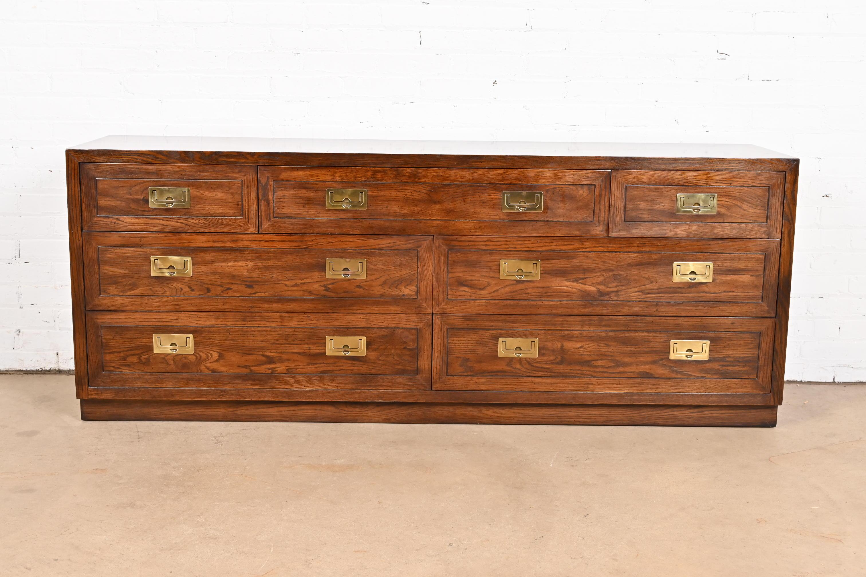 American Henredon Mid-Century Modern Hollywood Regency Campaign Oak Long Dresser, 1970s For Sale