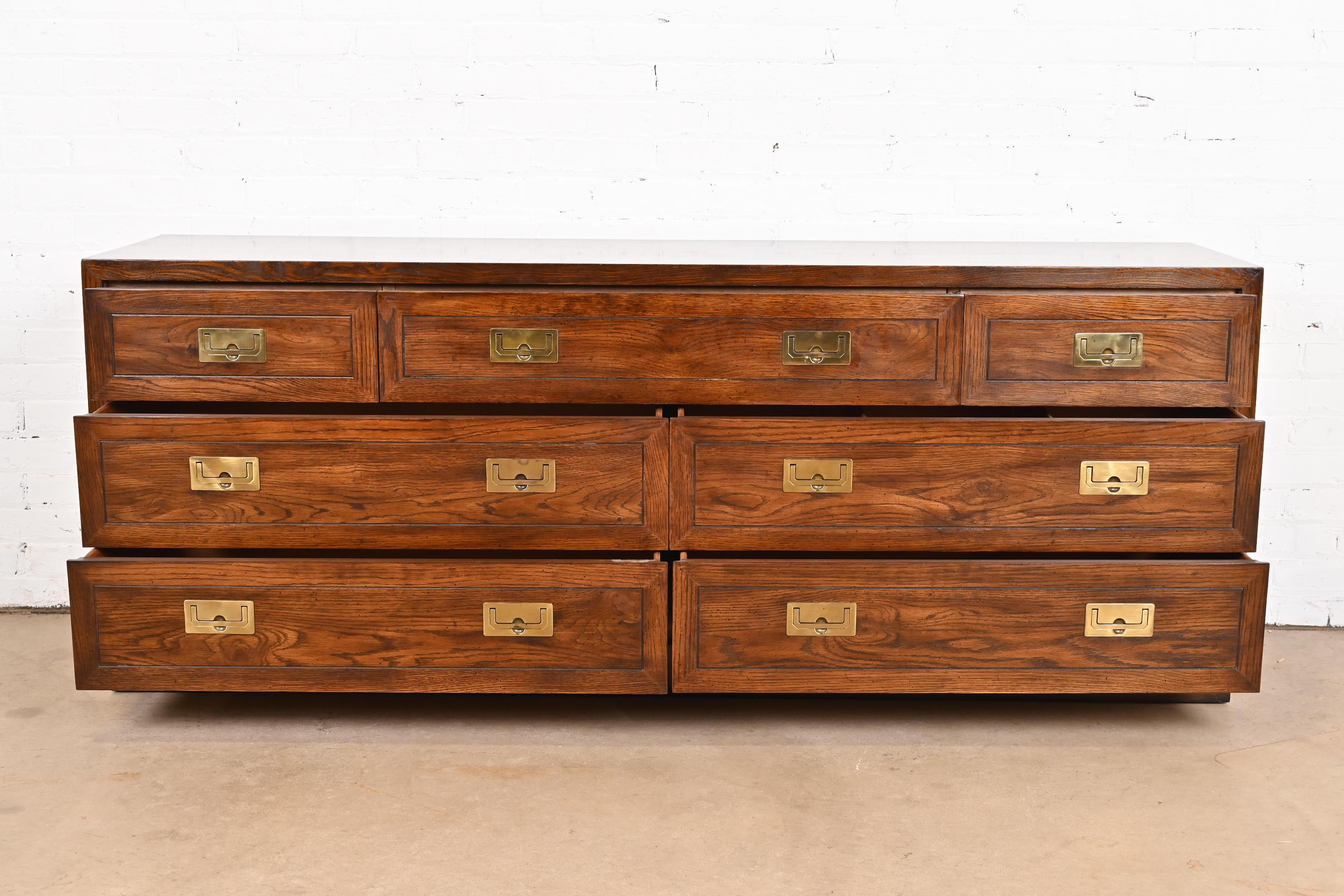 Brass Henredon Mid-Century Modern Hollywood Regency Campaign Oak Long Dresser, 1970s For Sale