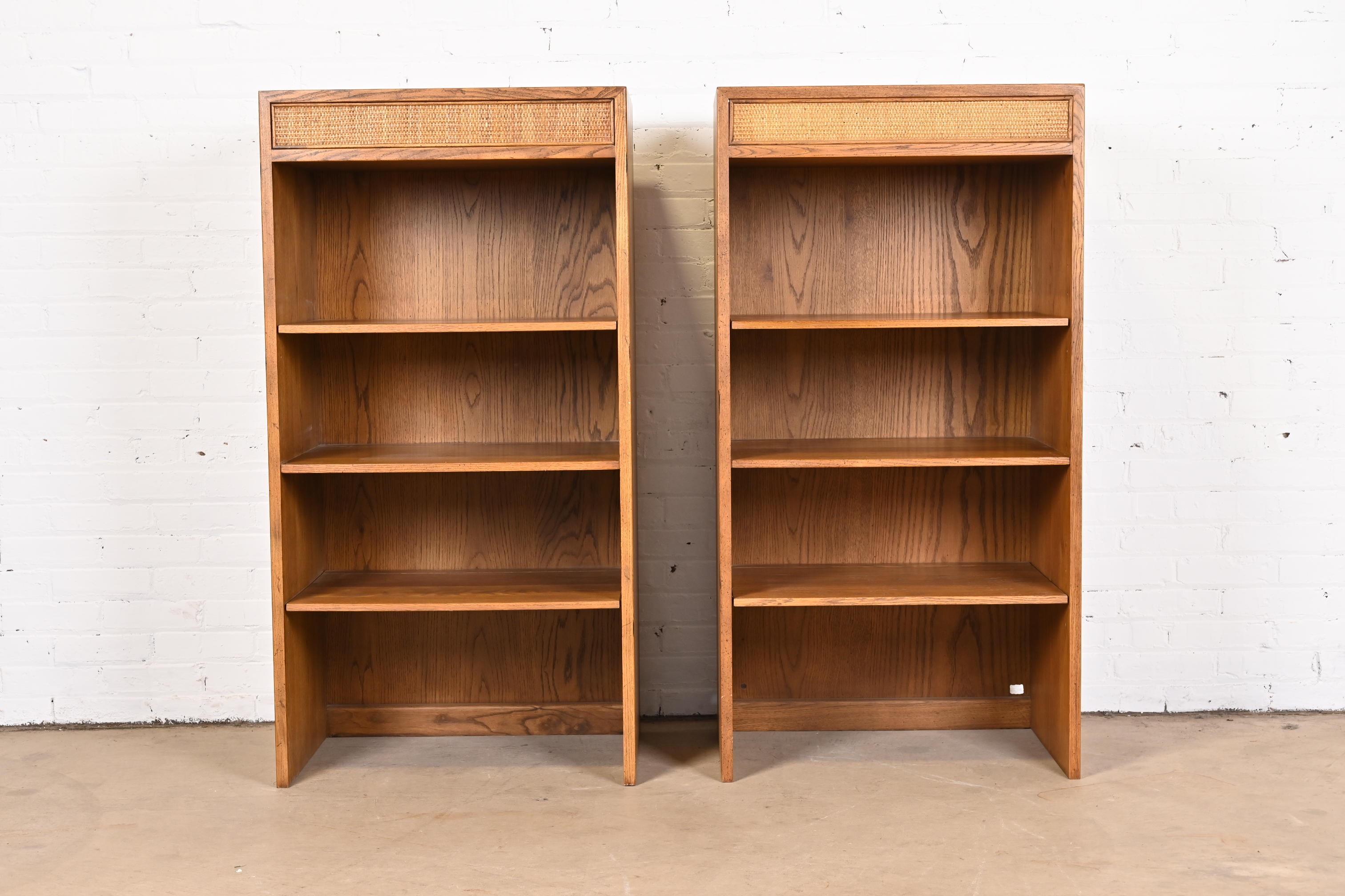 American Henredon Mid-Century Modern Oak and Cane Bookcases, Pair