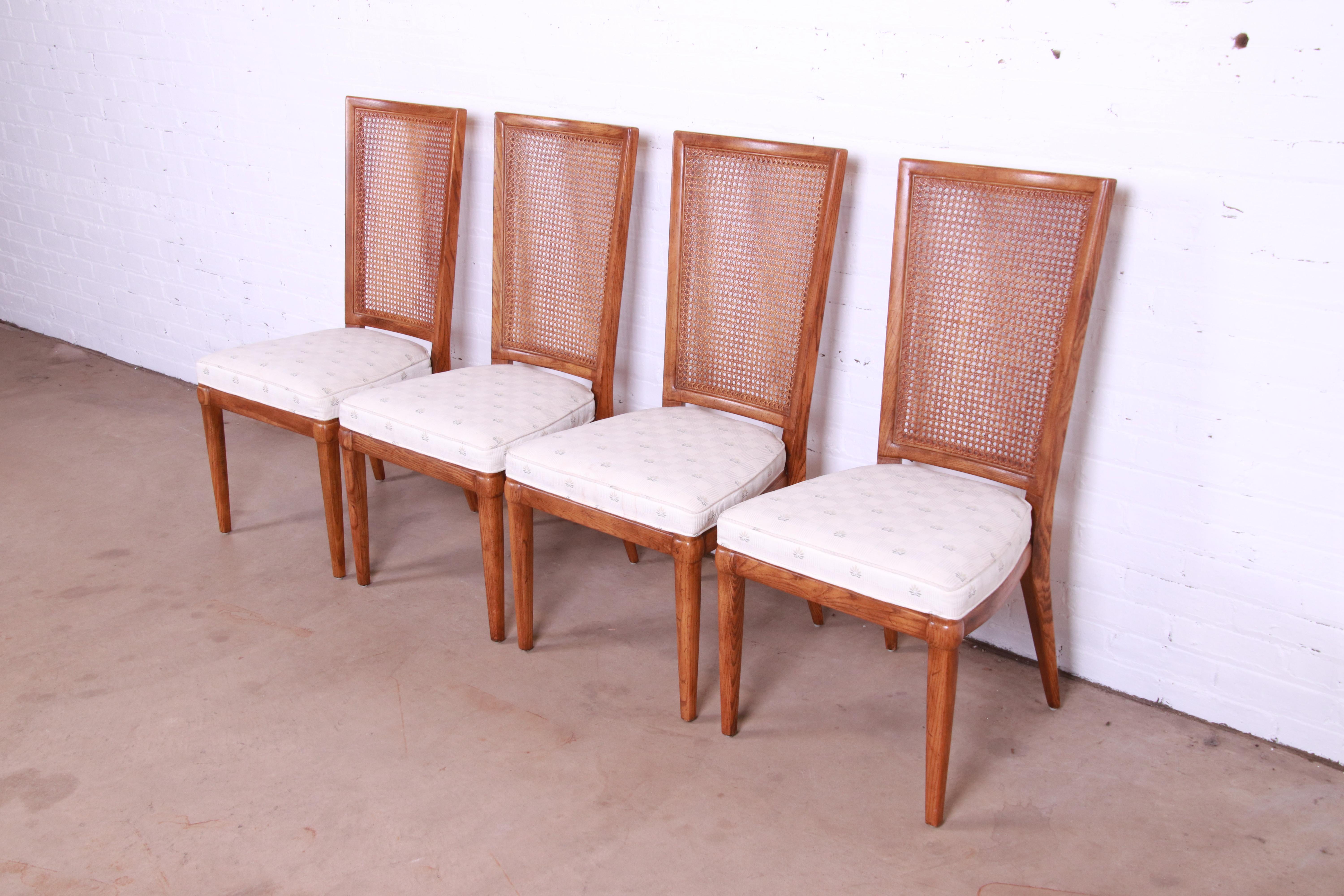 American Henredon Mid-Century Modern Oak and Cane Dining Chairs, Set of Four