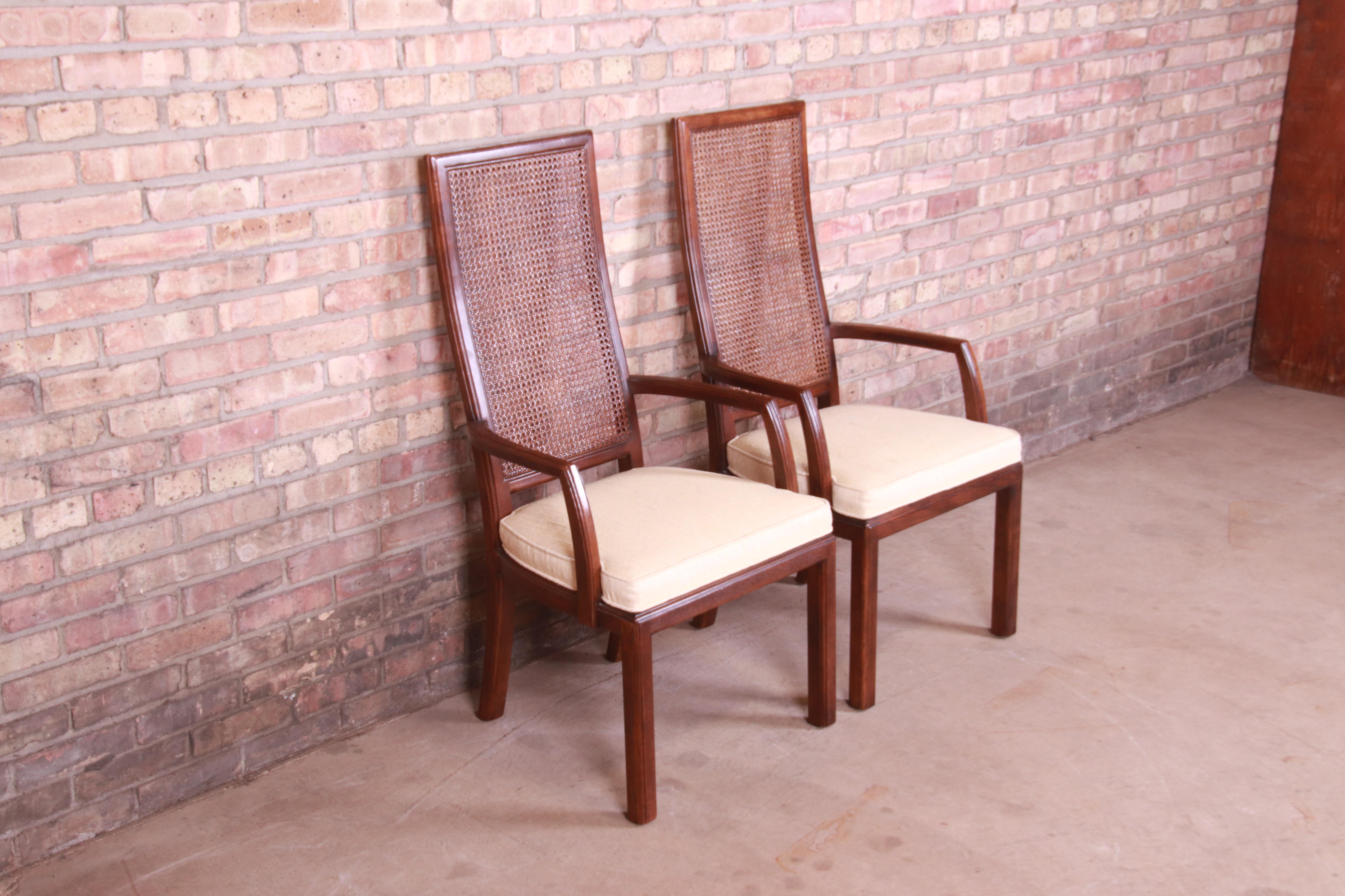 Upholstery Henredon Mid-Century Modern Oak and Cane High Back Armchairs, Pair