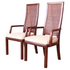 Henredon Mid-Century Modern Oak and Cane High Back Armchairs, Pair