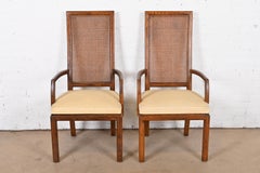 Henredon Mid-Century Modern Oak and Cane High Back Dining Arm Chairs, Pair