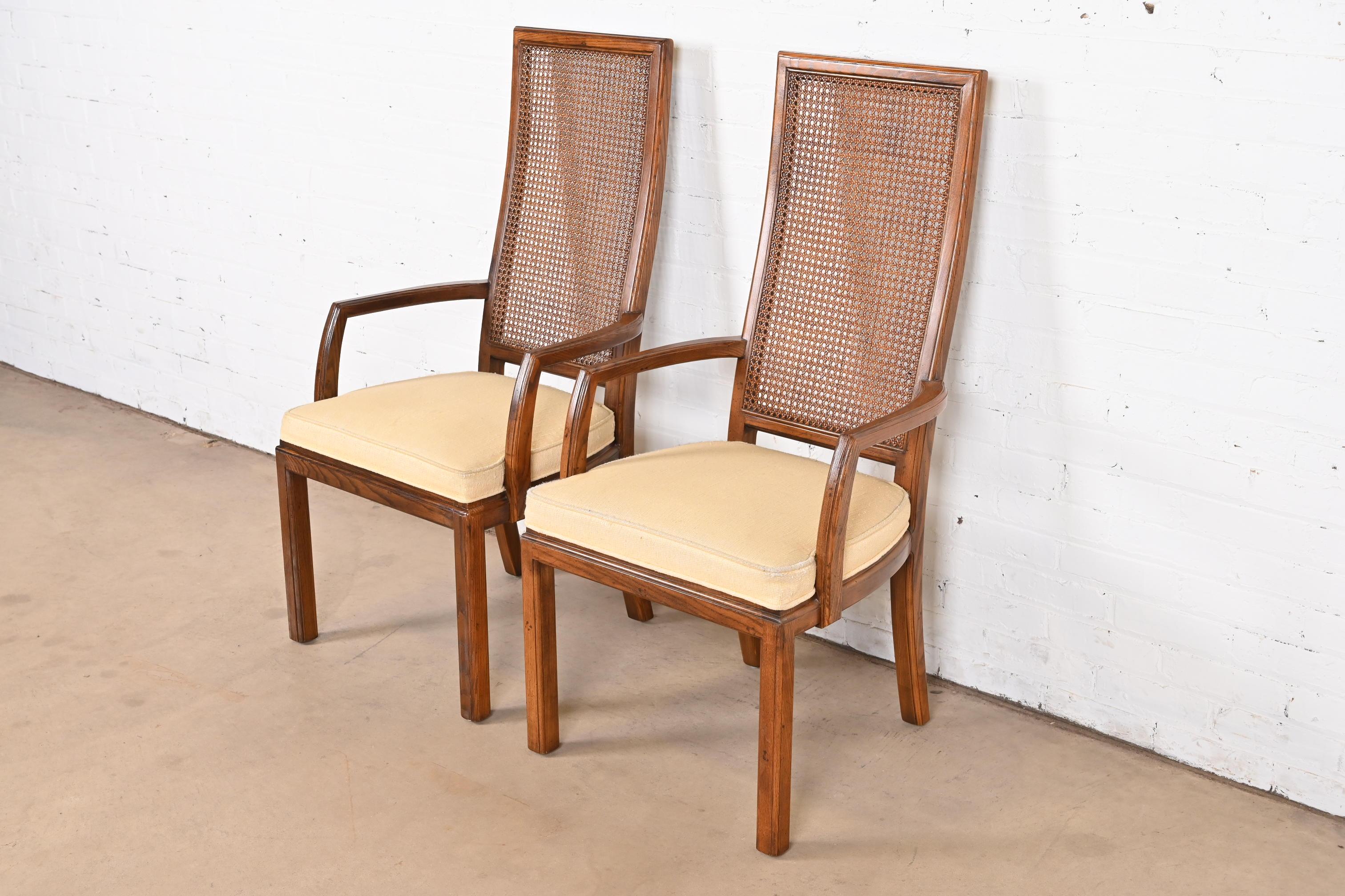 Henredon Mid-Century Modern Oak and Cane High Back Dining Arm Chairs, Pair In Good Condition For Sale In South Bend, IN