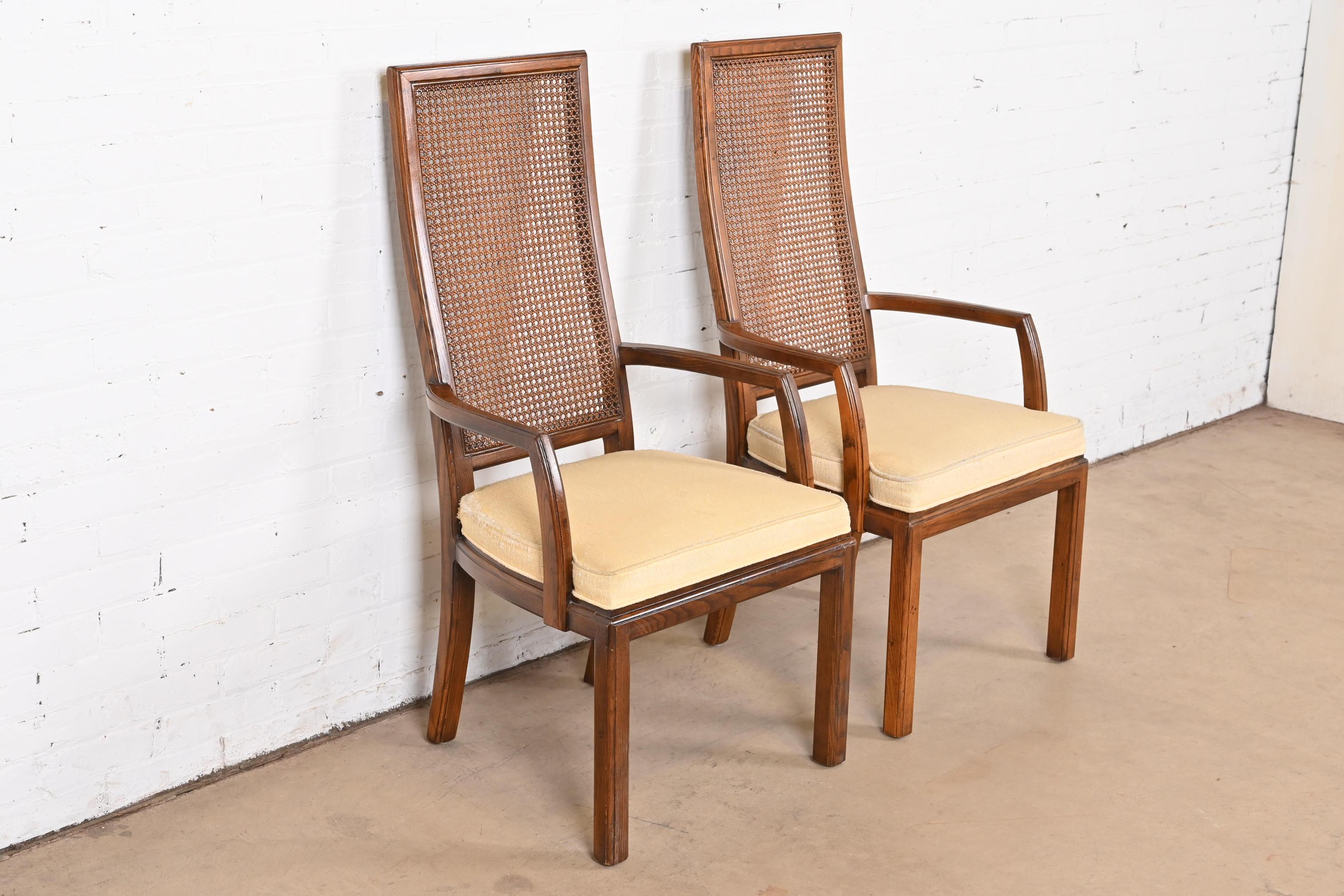 Upholstery Henredon Mid-Century Modern Oak and Cane High Back Dining Arm Chairs, Pair For Sale