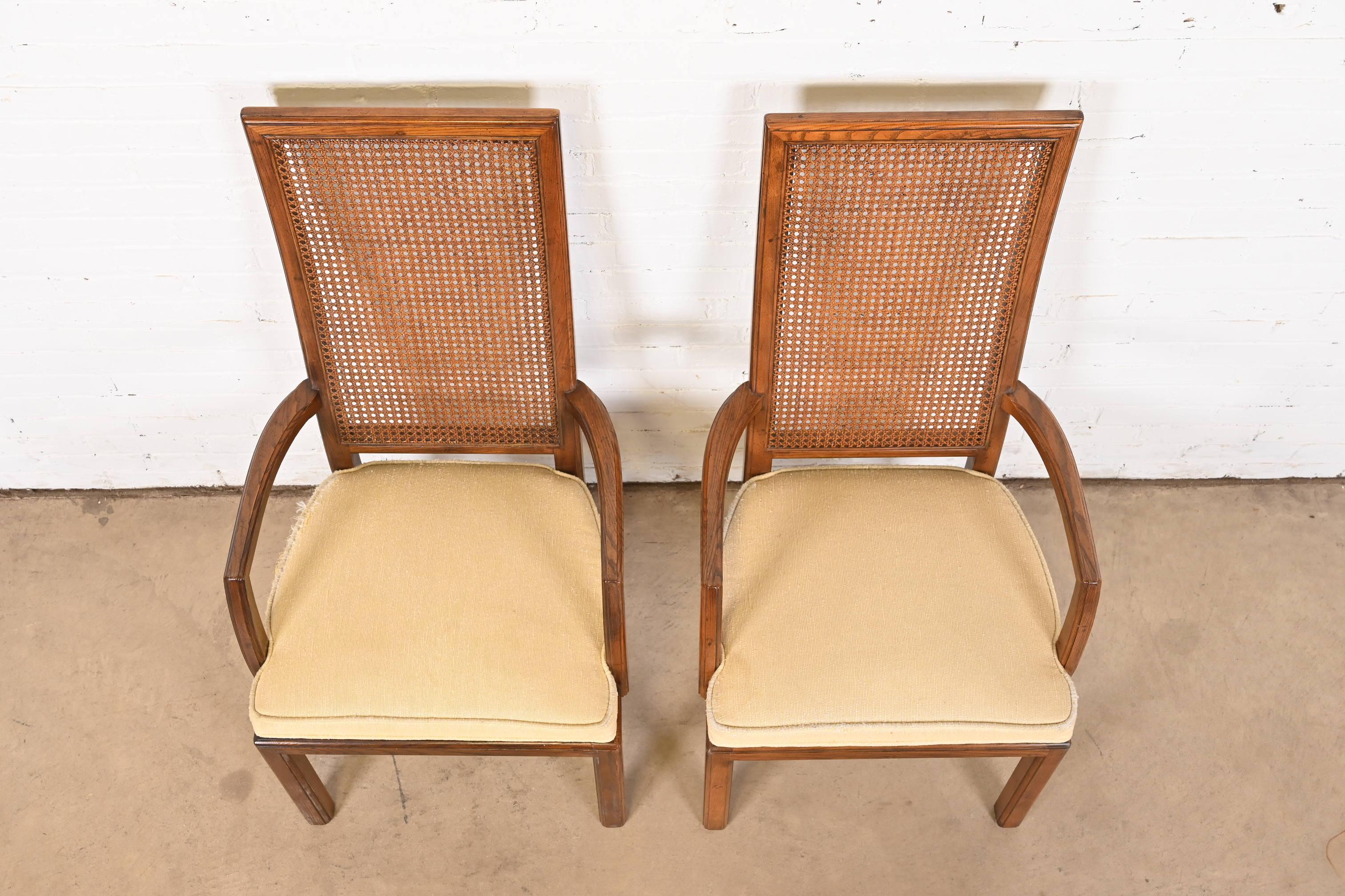 Henredon Mid-Century Modern Oak and Cane High Back Dining Arm Chairs, Pair For Sale 2