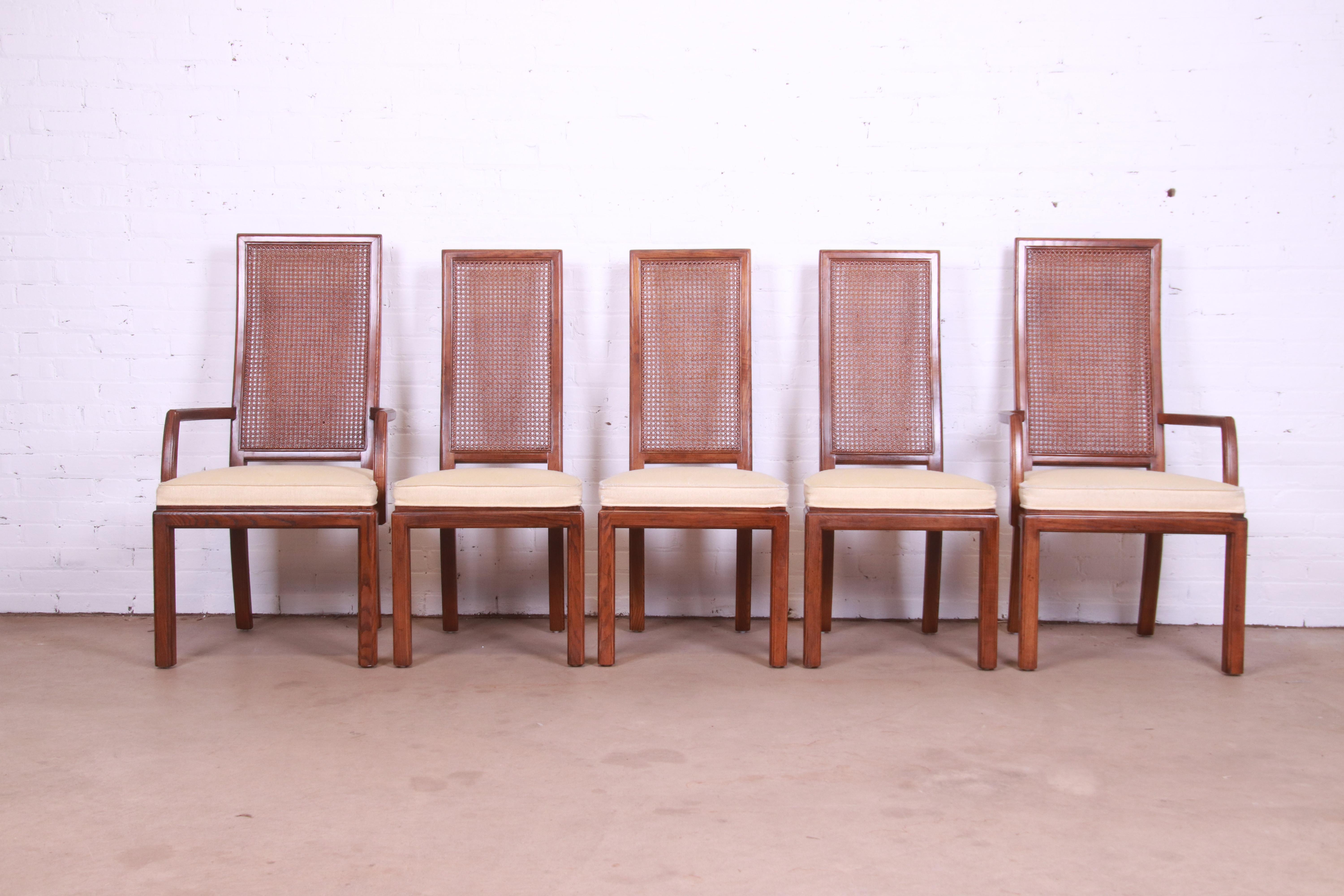 American Henredon Mid-Century Modern Oak and Cane High Back Dining Chairs, Set of Five
