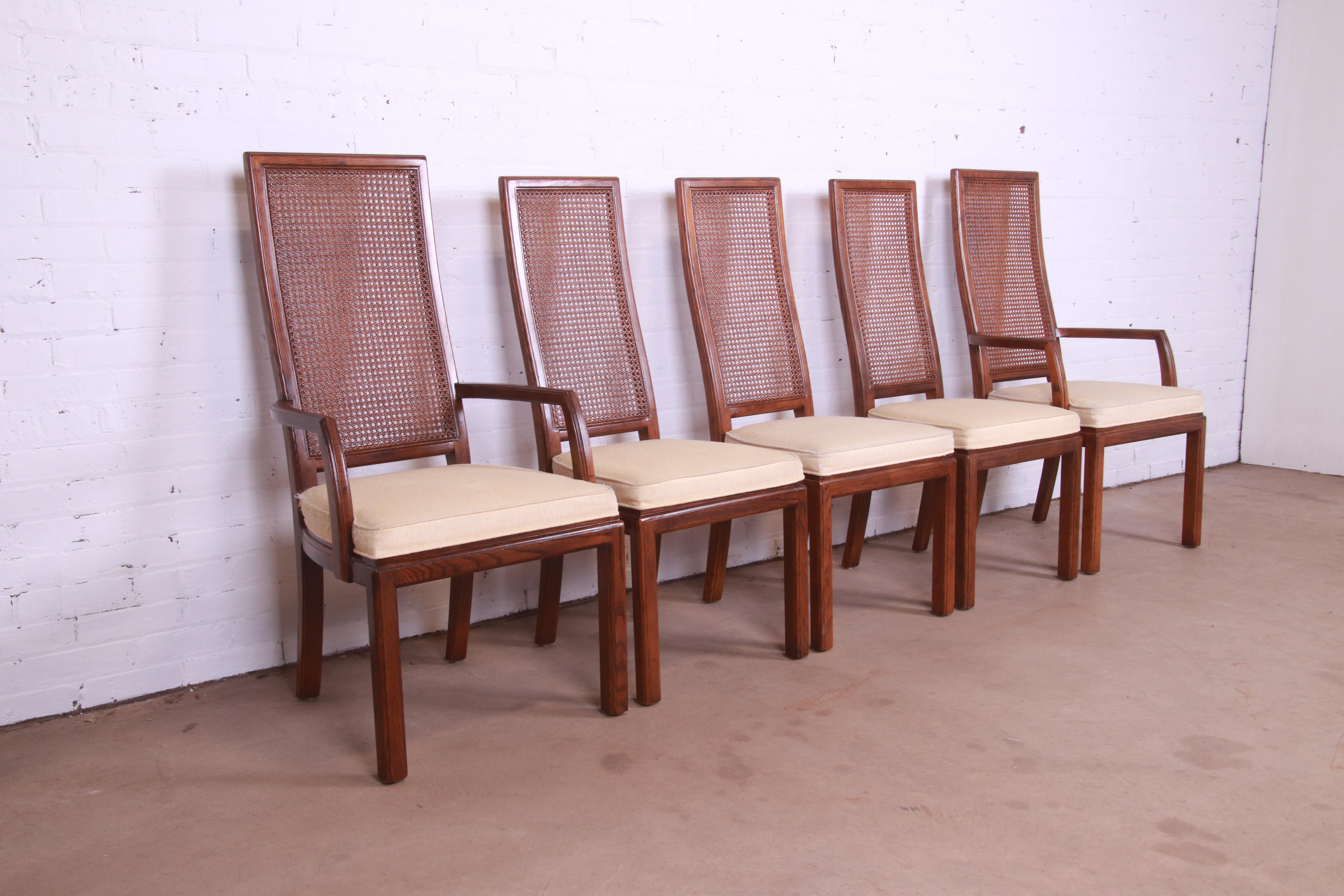Late 20th Century Henredon Mid-Century Modern Oak and Cane High Back Dining Chairs, Set of Five
