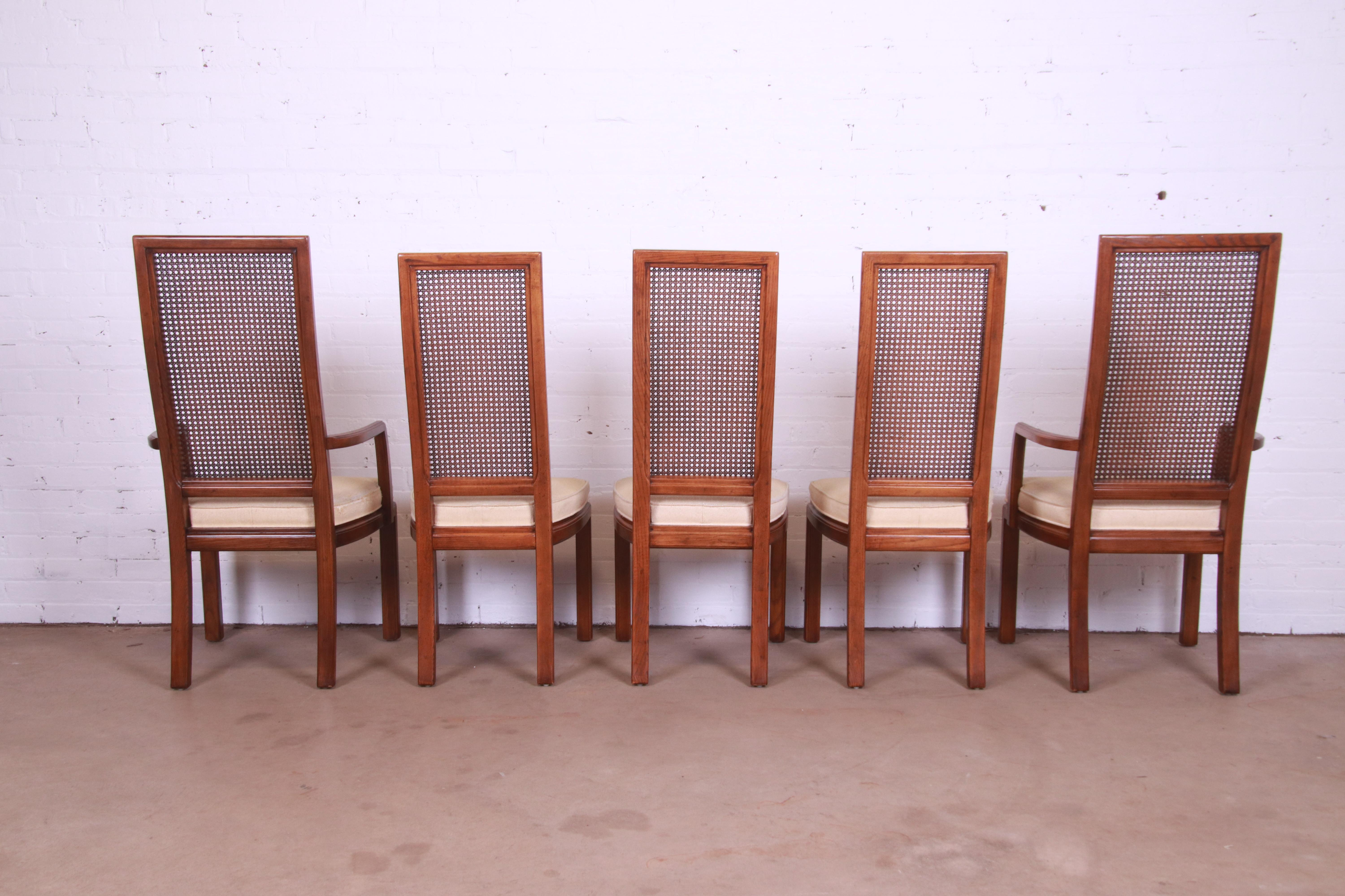 Henredon Mid-Century Modern Oak and Cane High Back Dining Chairs, Set of Five 1