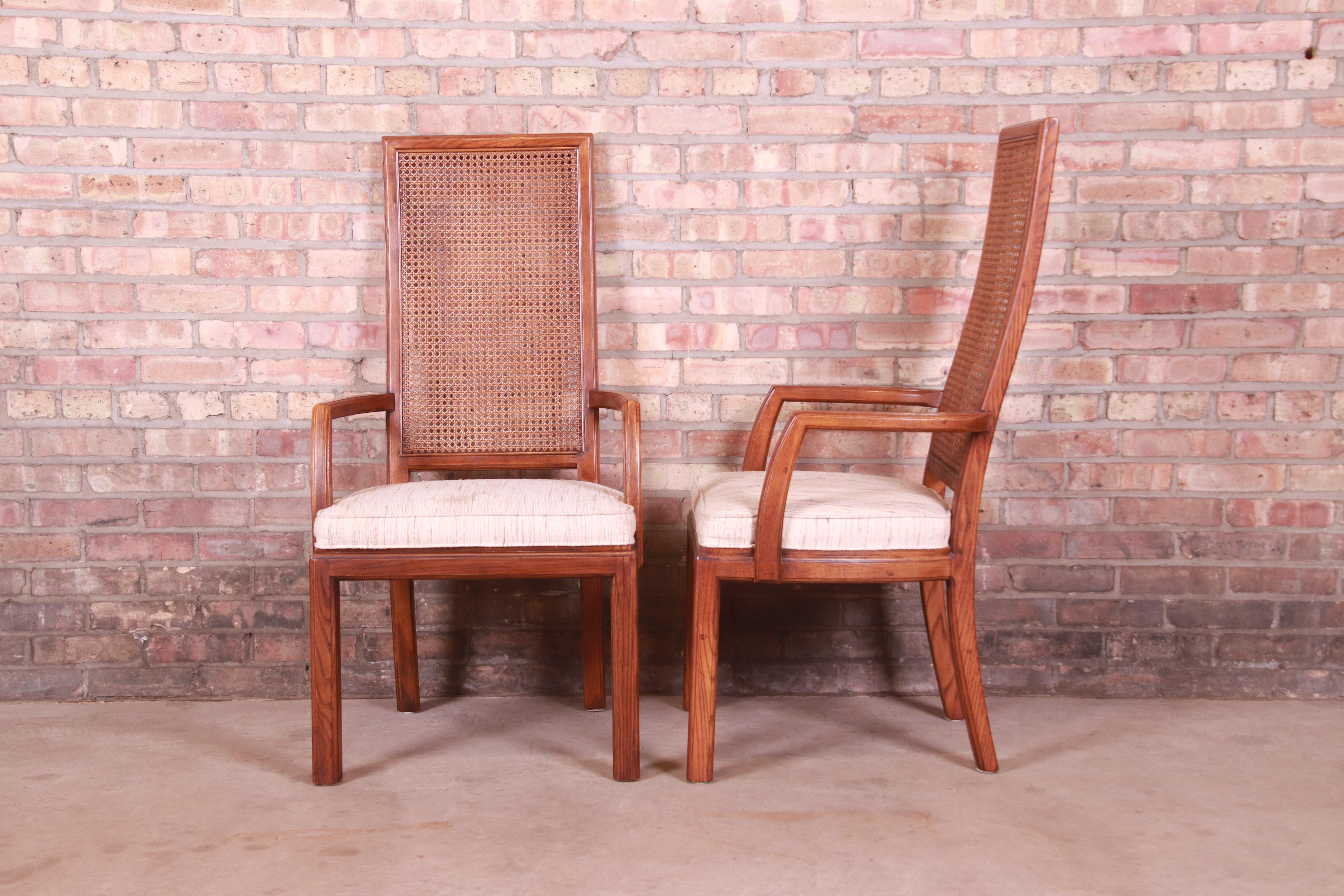 Henredon Mid-Century Modern Oak and Cane High Back Dining Chairs, Set of Six 6