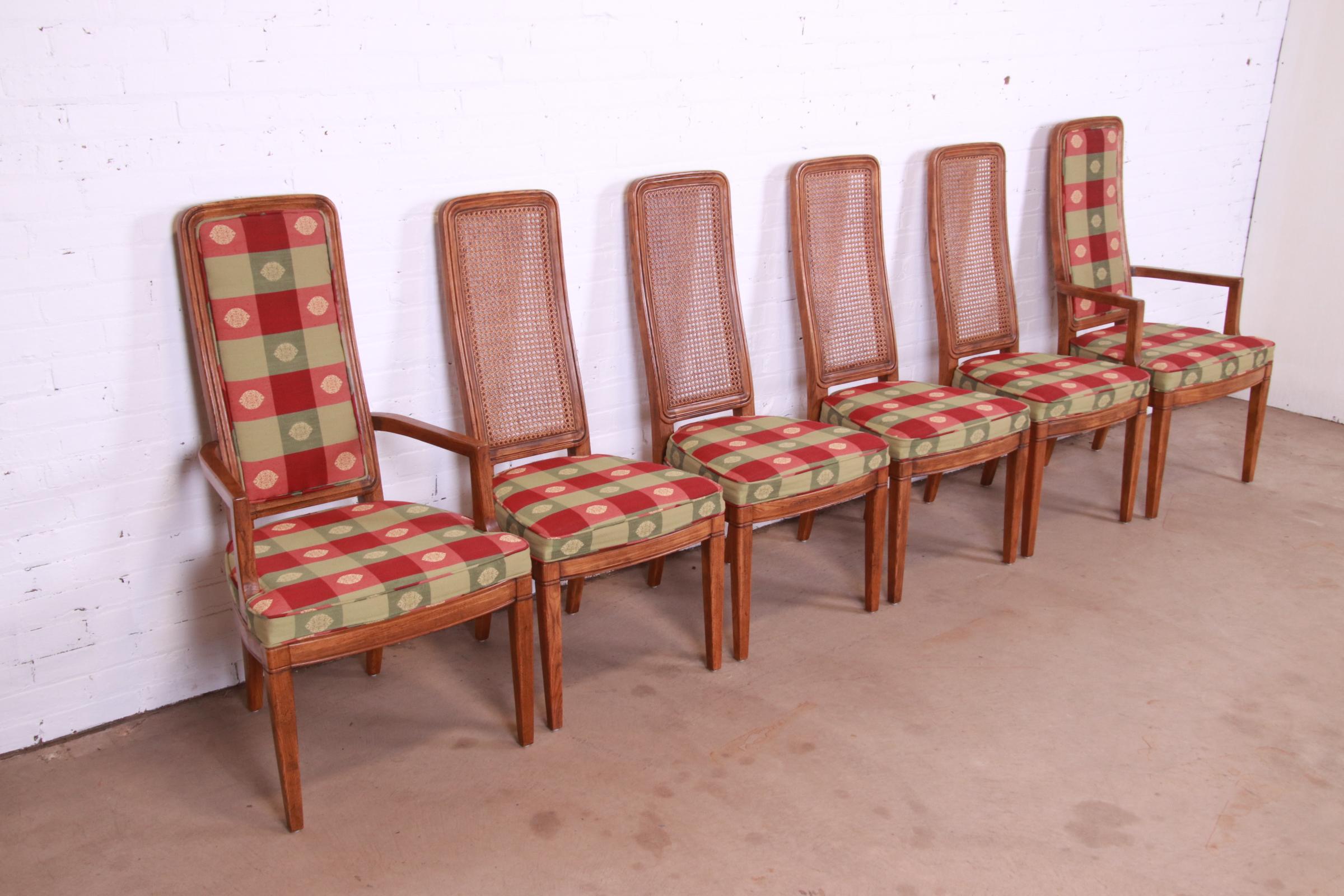 American Henredon Mid-Century Modern Oak and Cane High Back Dining Chairs, Set of Six