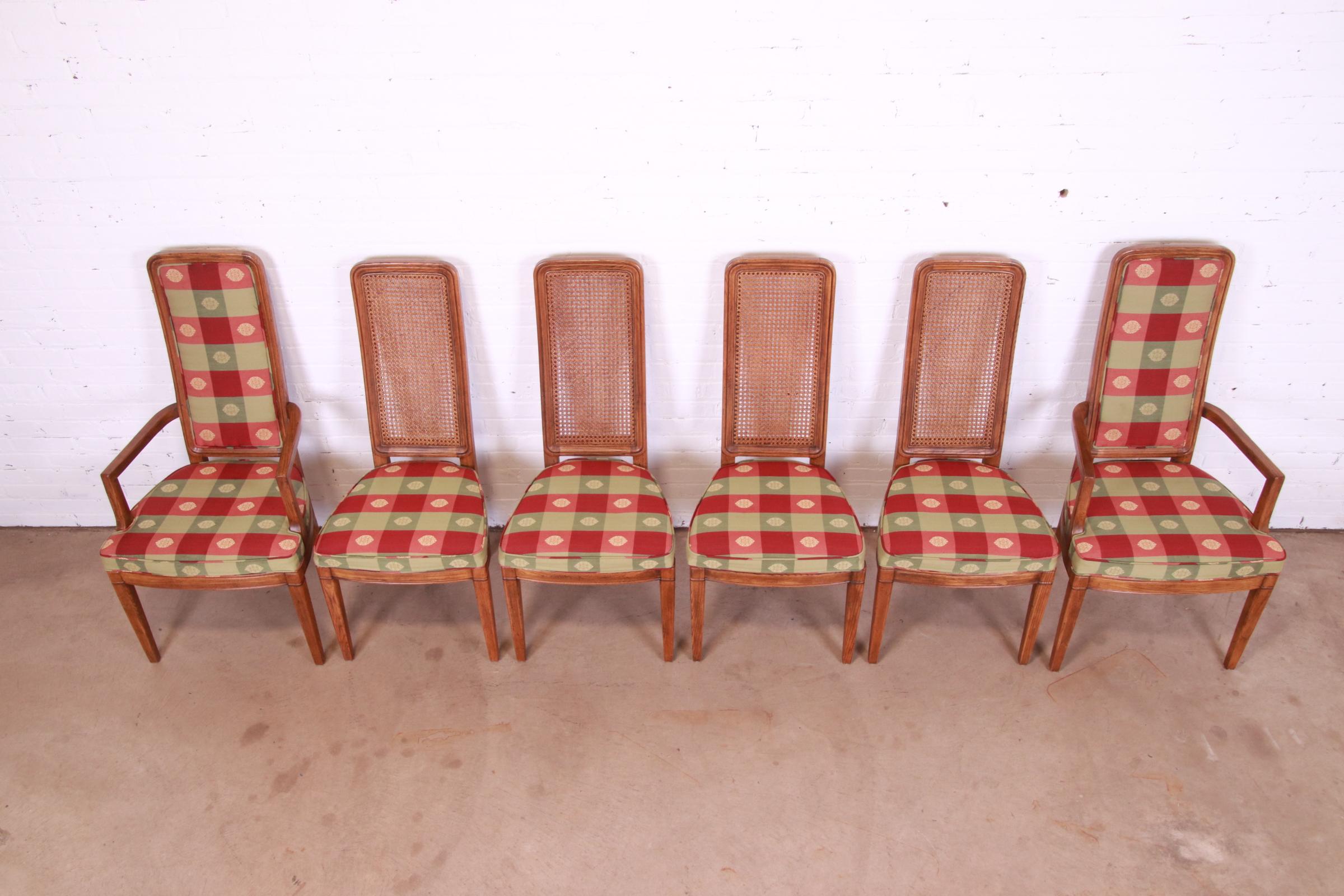 20th Century Henredon Mid-Century Modern Oak and Cane High Back Dining Chairs, Set of Six