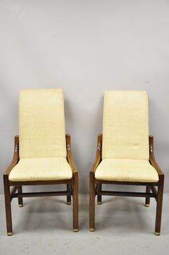 Henredon Mid-Century Modern Oak Wood and Brass Modern Dining Side Chairs, a Pair
